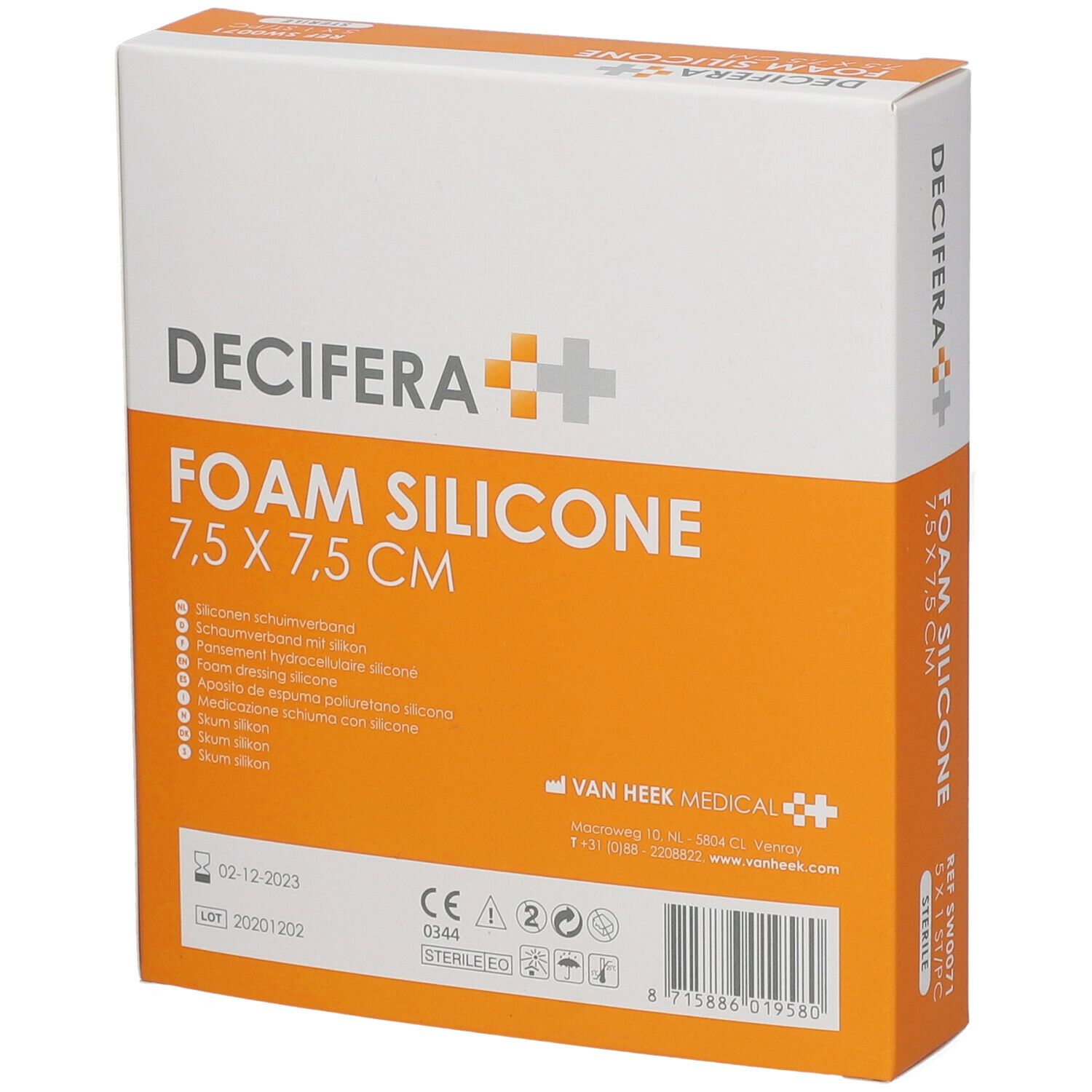 Emballage DECIFERA Foam Silicone 7,5 x 7,5 cm. Orange et blanc. Nom et taille visibles. Informations supplémentaires.