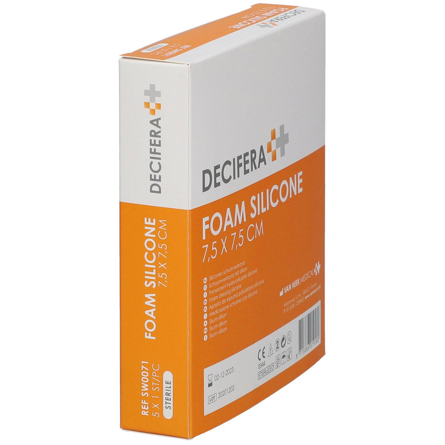 Emballage DECIFERA Foam Silicone 7,5 x 7,5 cm. Orange et blanc. Nom et taille visibles. Informations supplémentaires.
