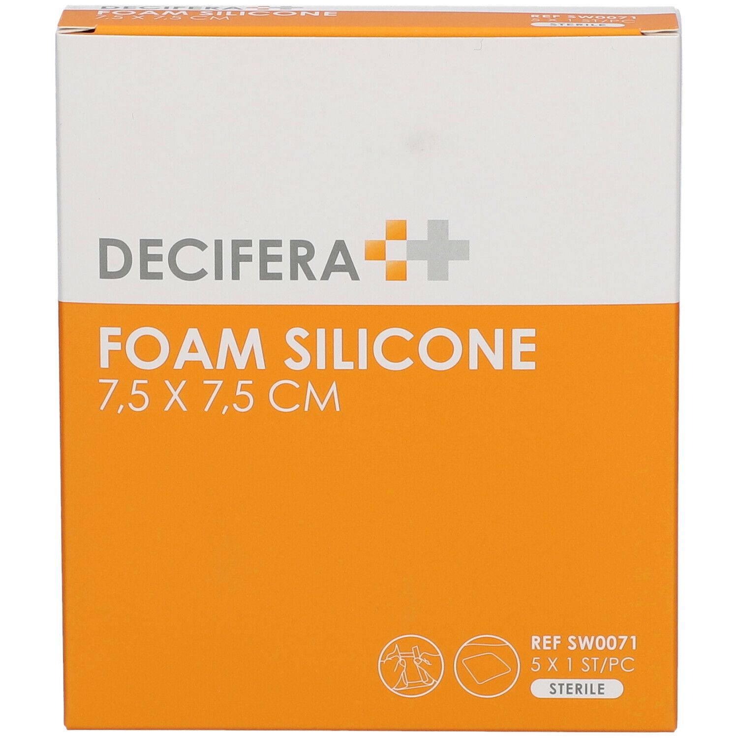 Emballage DECIFERA Foam Silicone 7,5 x 7,5 cm. Orange et blanc. Nom du produit et taille visibles.