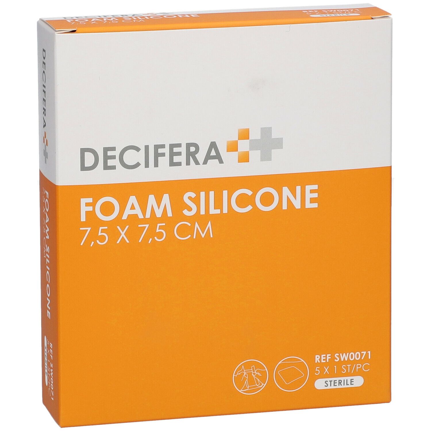 Emballage DECIFERA Foam Silicone 7,5 x 7,5 cm. Orange et blanc. Nom du produit et taille visibles.