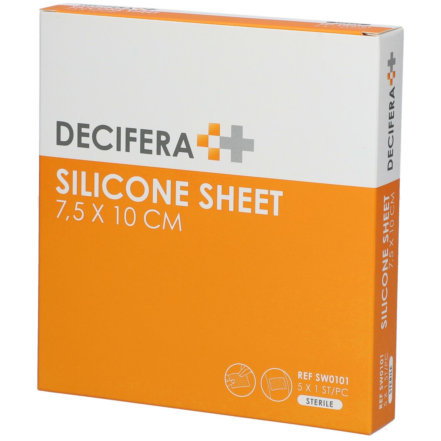 Emballage de DECIFERA Silicone Sheet. Boîte orange et blanche avec nom du produit et taille 7,5 x 10 cm. Stérile.
