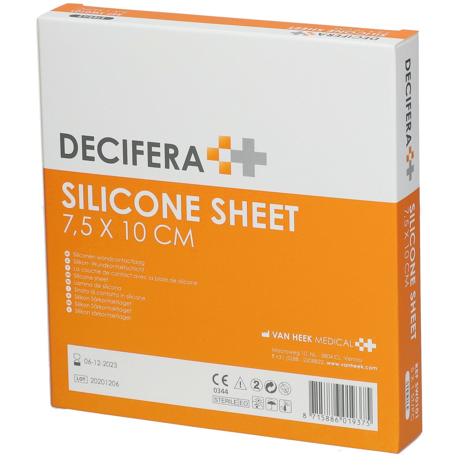 Emballage DECIFERA Silicone Sheet, 7,5 x 10 cm. Orange et blanc, avec informations produit et marquage CE. Stérile.