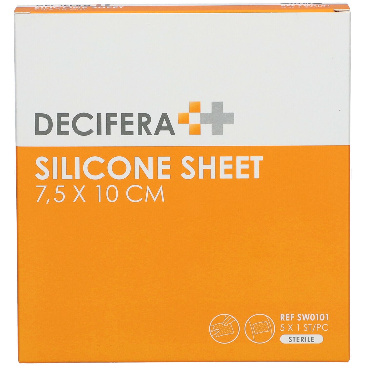 Emballage DECIFERA Silicone Sheet, 7,5 x 10 cm. Orange et blanc, nom du produit et taille visibles. Stérile.