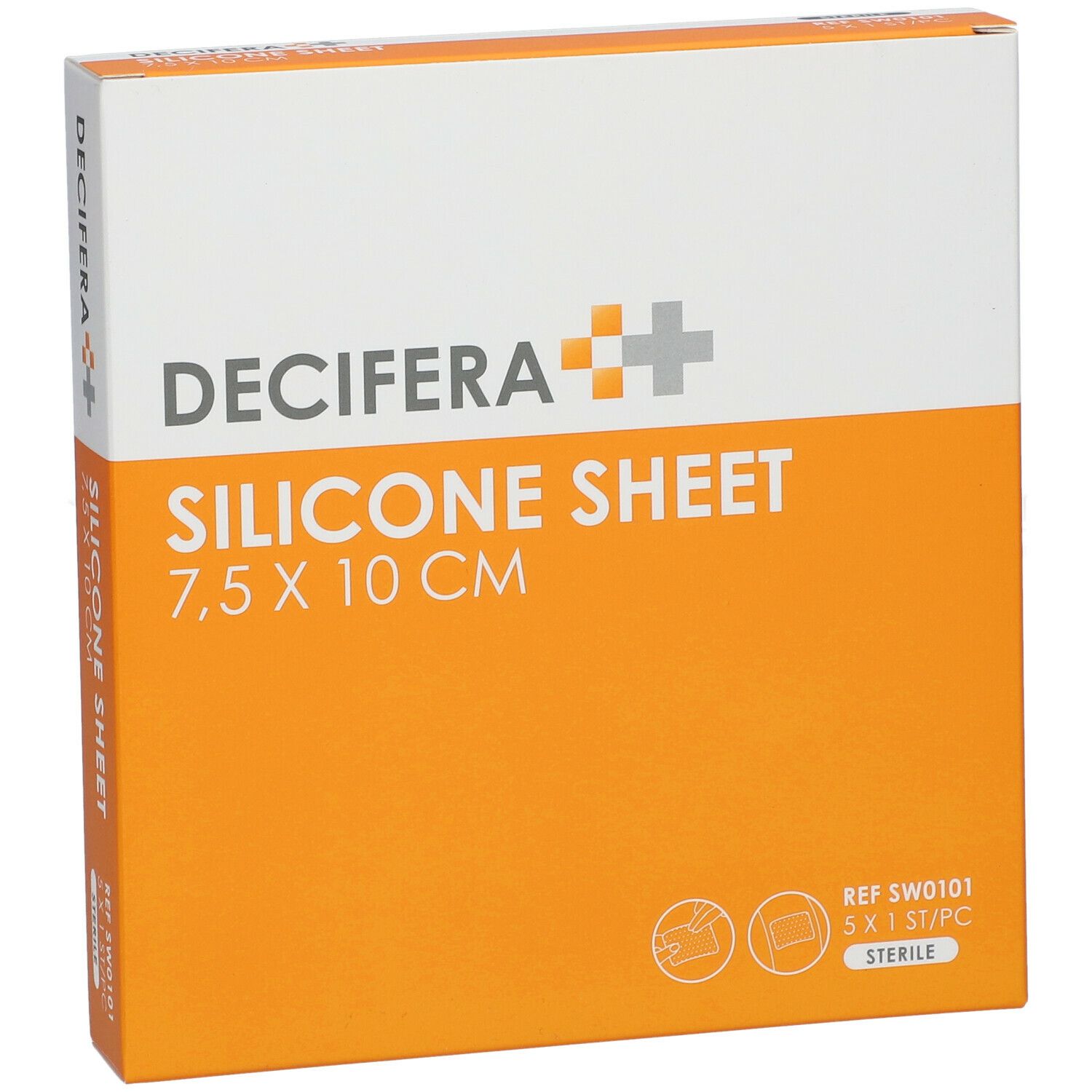 Emballage DECIFERA Silicone Sheet, 7,5 x 10 cm. Orange et blanc, nom du produit et taille visibles. Stérile.