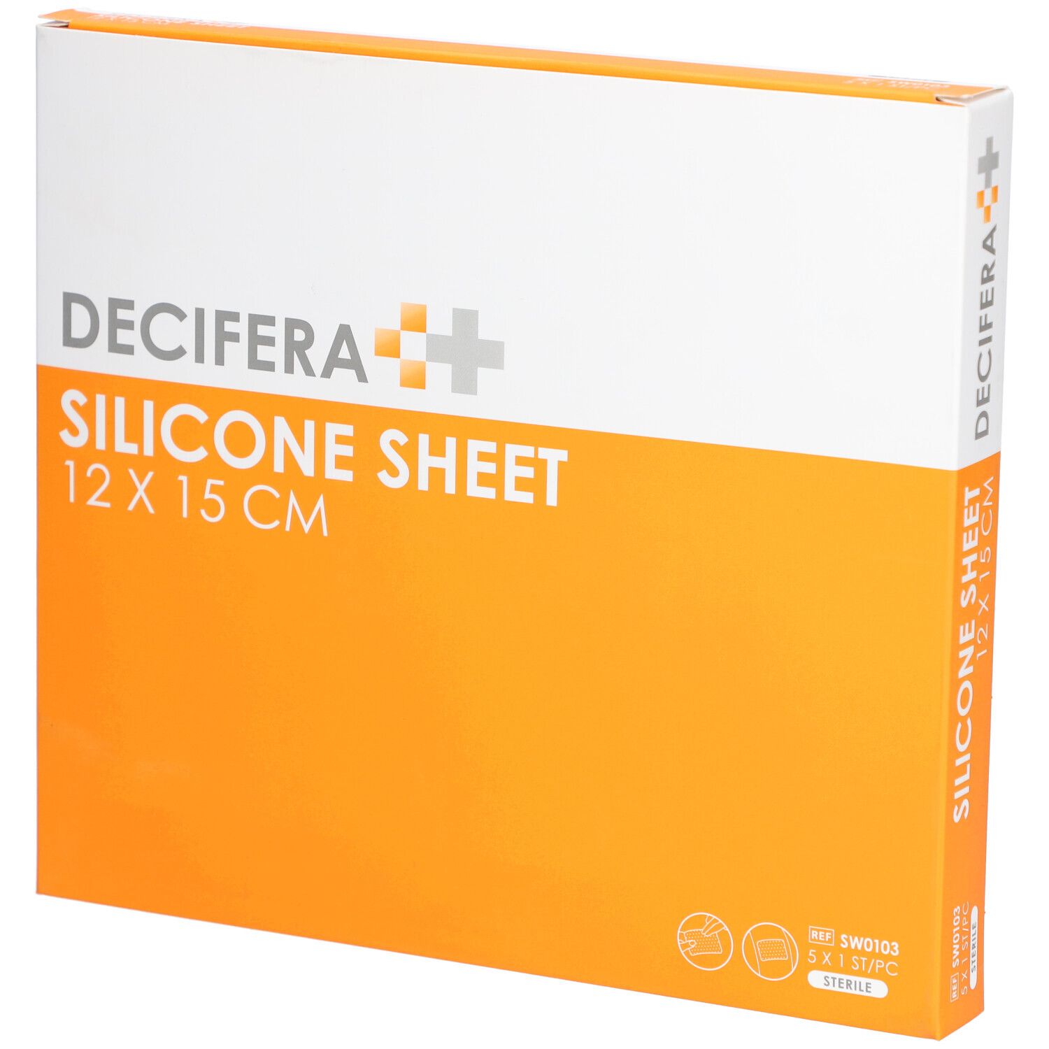 Boîte DECIFERA Silicone Sheet 12 x 15 cm. Emballage blanc et orange avec informations produit et logo.
