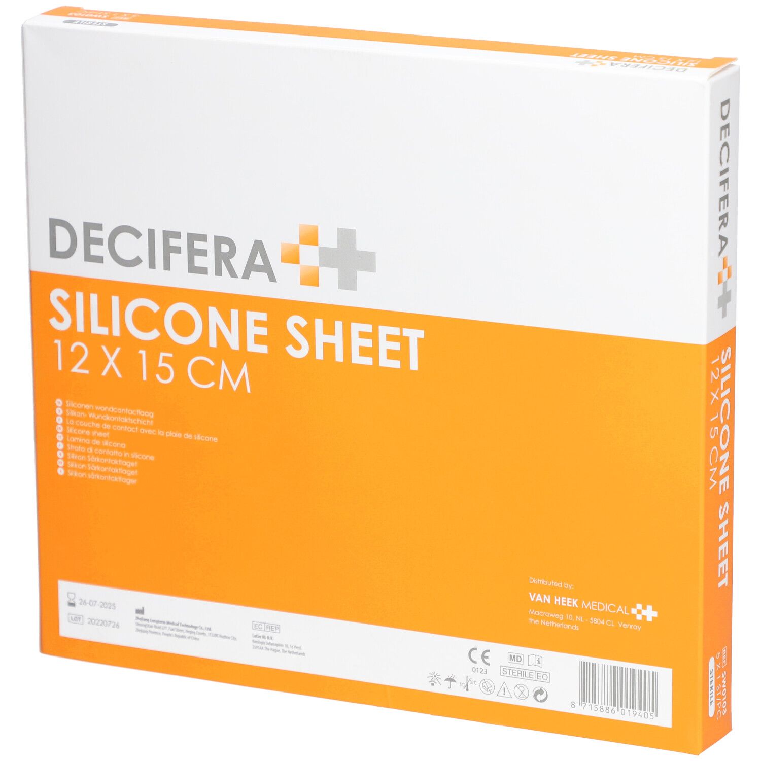 Boîte DECIFERA Silicone Sheet 12 x 15 cm. Emballage blanc et orange avec informations et logo.
