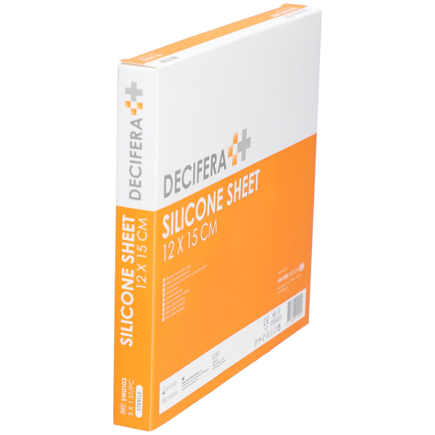 Emballage DECIFERA Silicone Sheet 12 x 15 cm. Boîte blanche et orange avec informations produit.