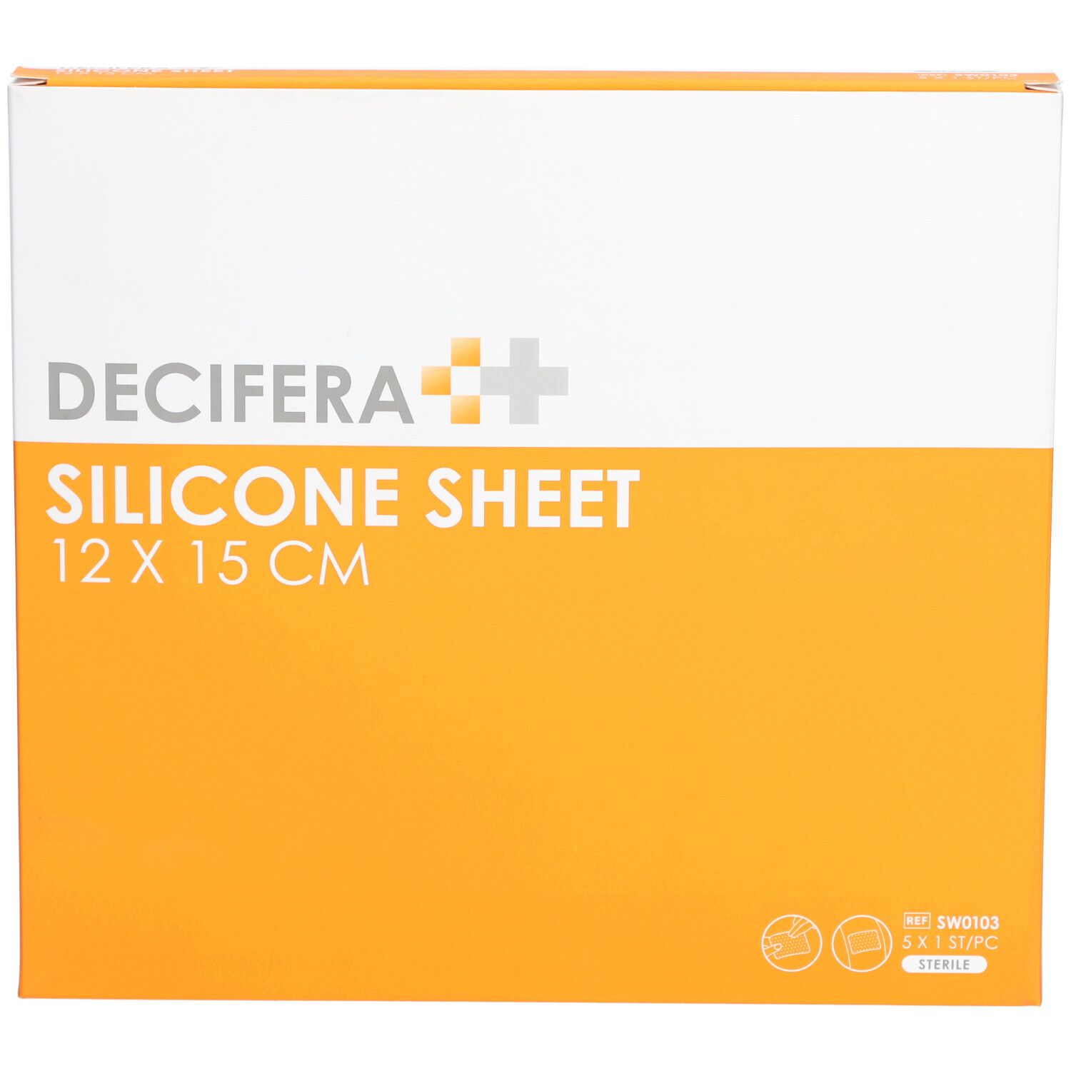 Boîte DECIFERA Silicone Sheet 12 x 15 cm. Emballage blanc et orange avec informations et logo.