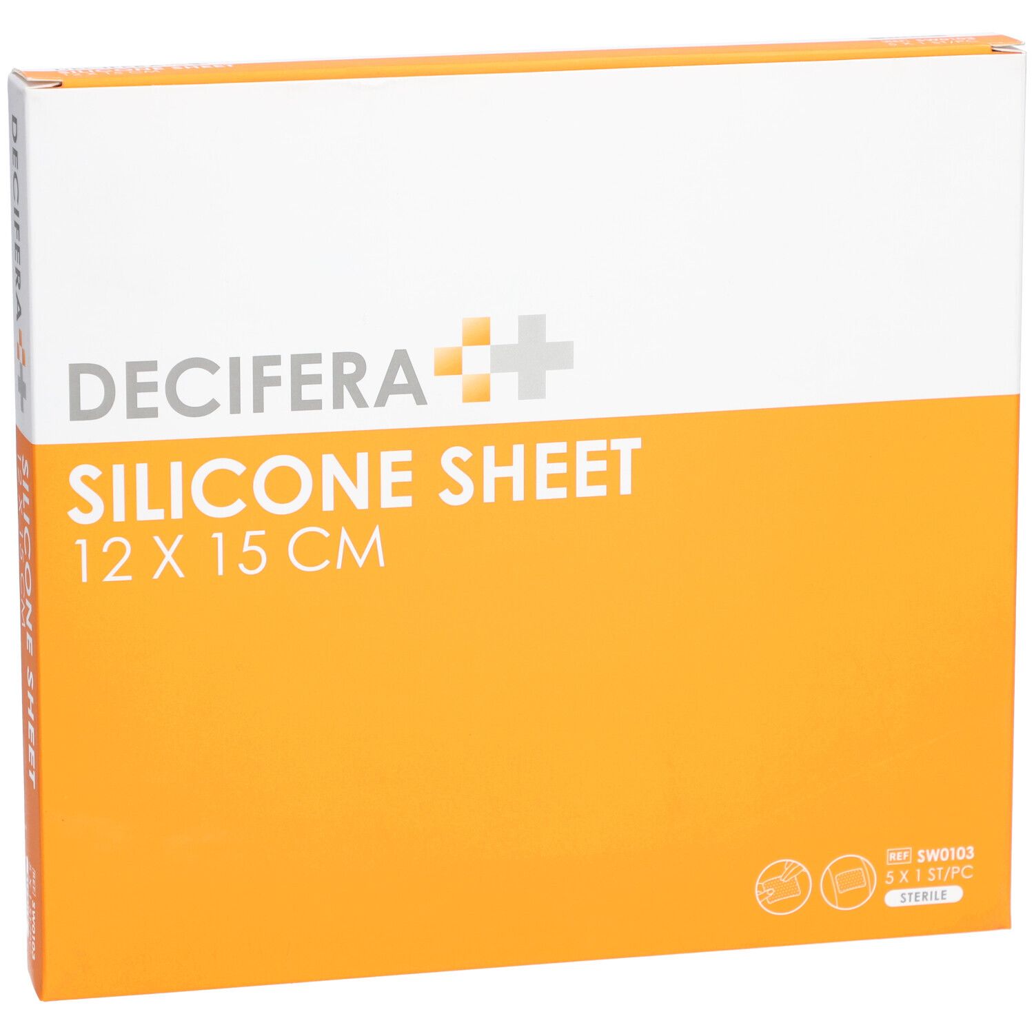 Boîte DECIFERA Silicone Sheet 12 x 15 cm. Emballage blanc et orange avec informations et logo.