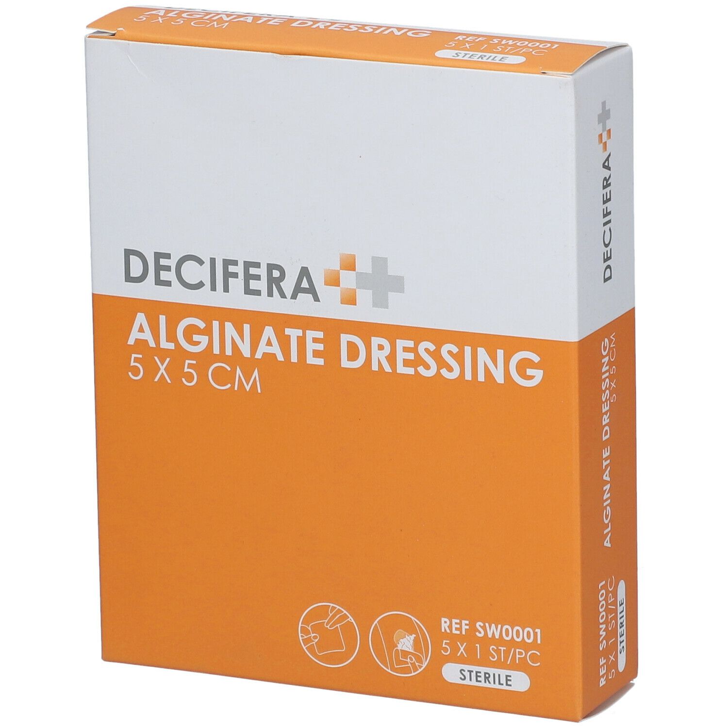 Emballage de DECIFERA Alginate Dressing 5x5cm. Boîte blanche et orange avec nom et taille du produit.