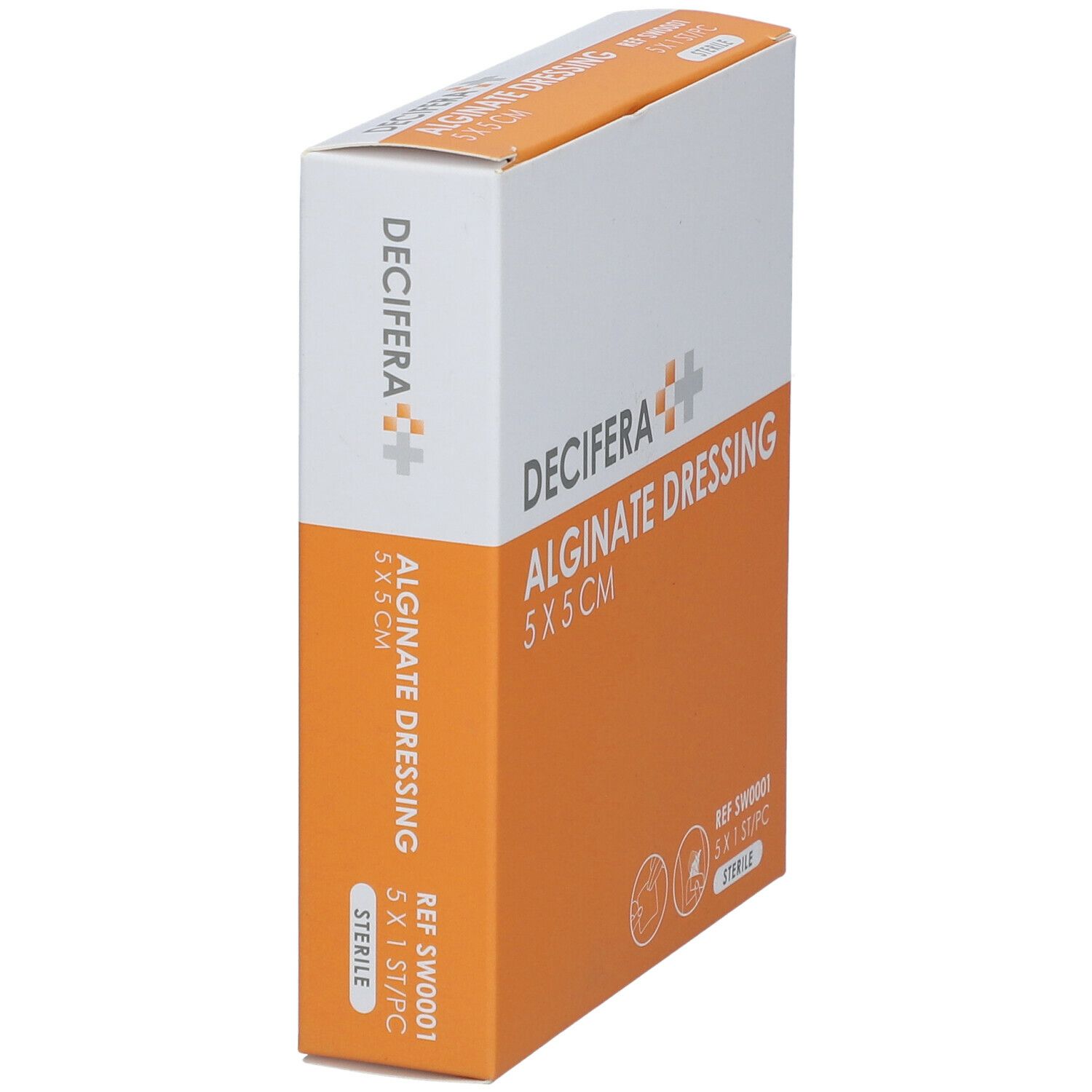 Boîte de DECIFERA Alginate Dressing 5x5cm. Emballage blanc et orange, nom et taille du produit visibles.