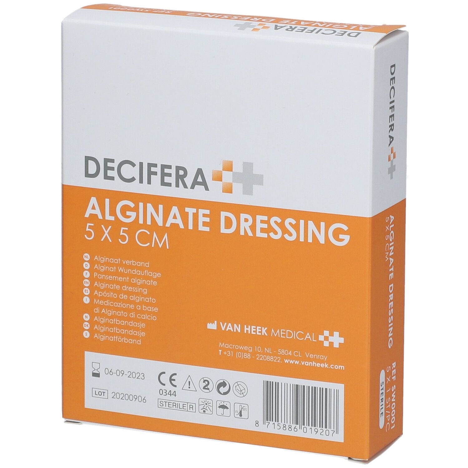 Emballage DECIFERA Alginate Dressing 5x5cm. Nom du produit, taille, informations fabricant et certifications.