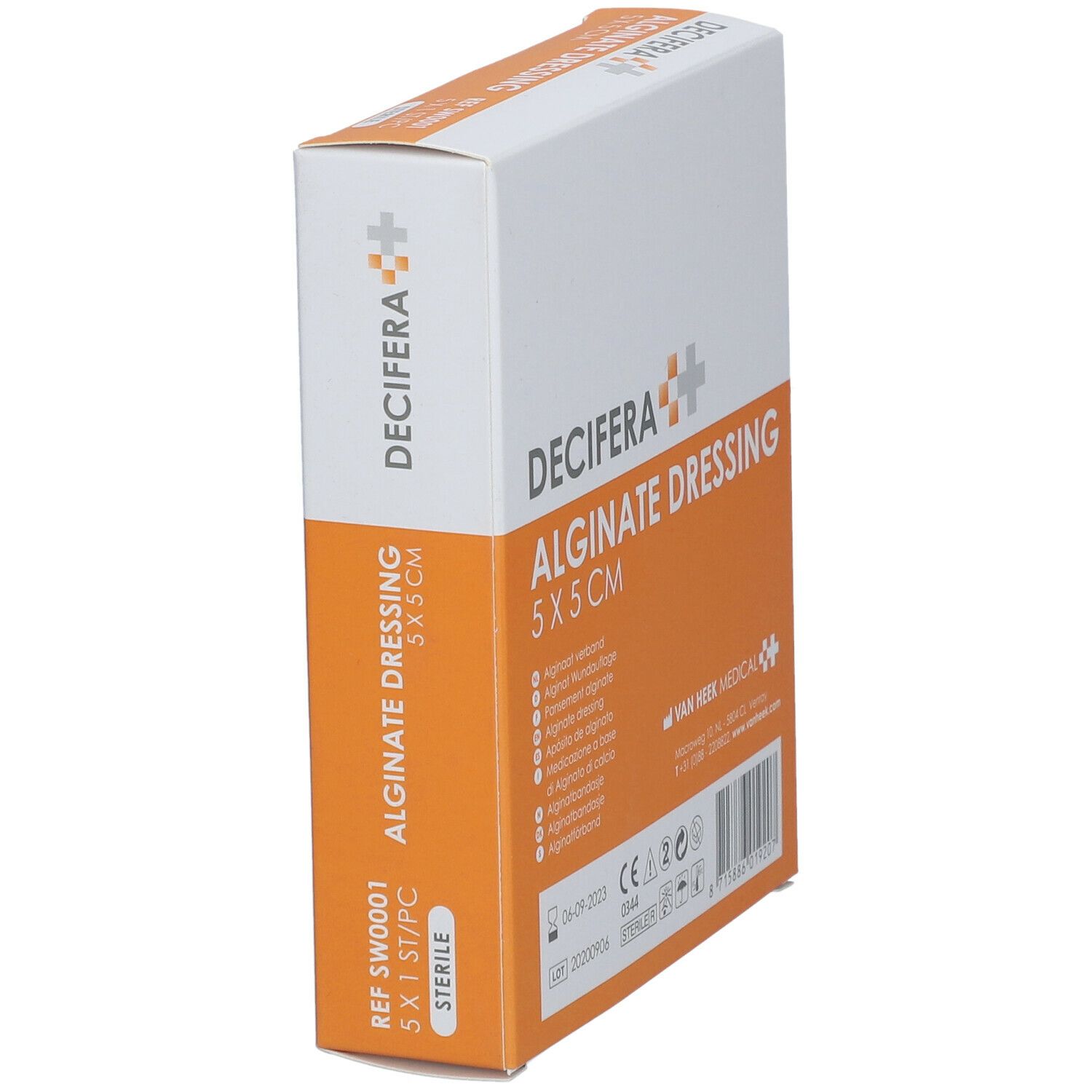 Boîte de DECIFERA Alginate Dressing 5x5cm. Emballage avec nom, taille et informations du fabricant.