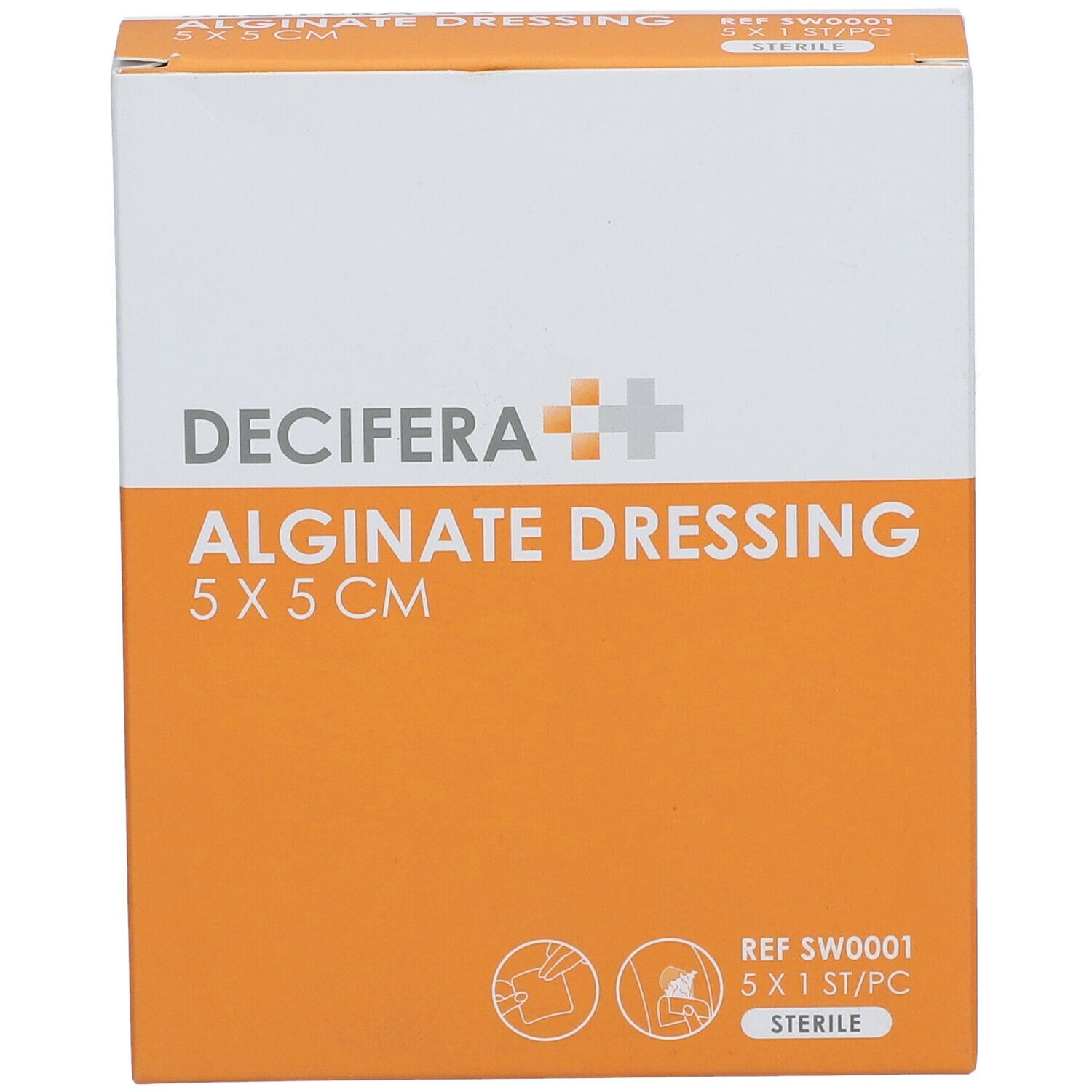 Emballage DECIFERA Alginate Dressing 5x5cm. Boîte blanche et orange avec nom et taille du produit.