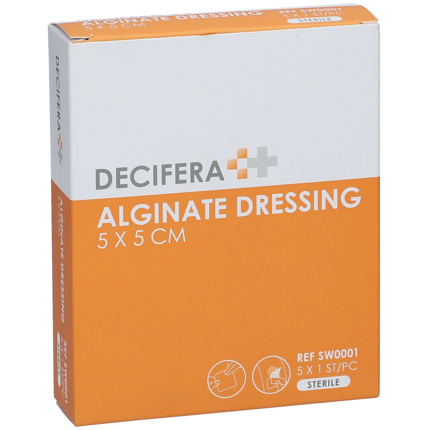 Emballage DECIFERA Alginate Dressing 5x5cm. Nom, taille et indication stérile sur la boîte.