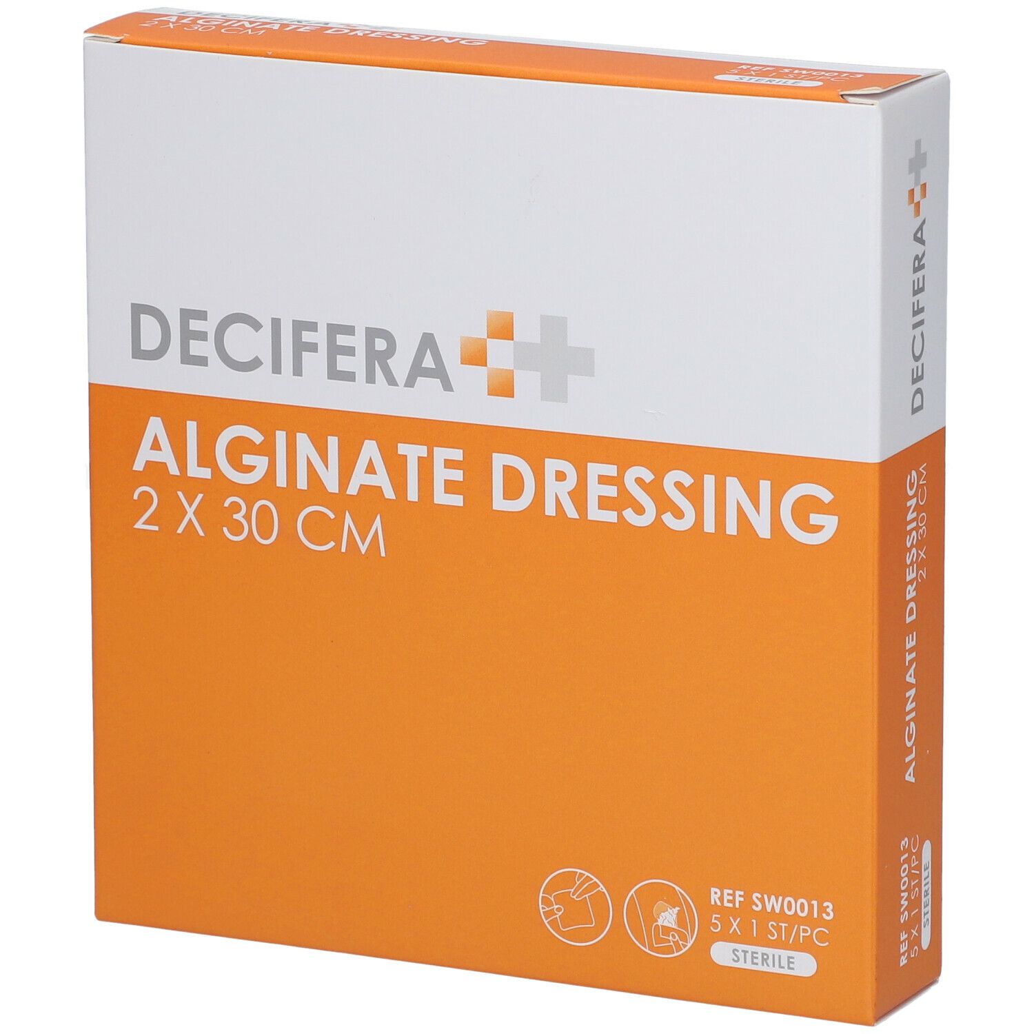 Emballage DECIFERA Alginate Dressing 2 x 30 cm. Orange et blanc. Stérile. REF SW0013.