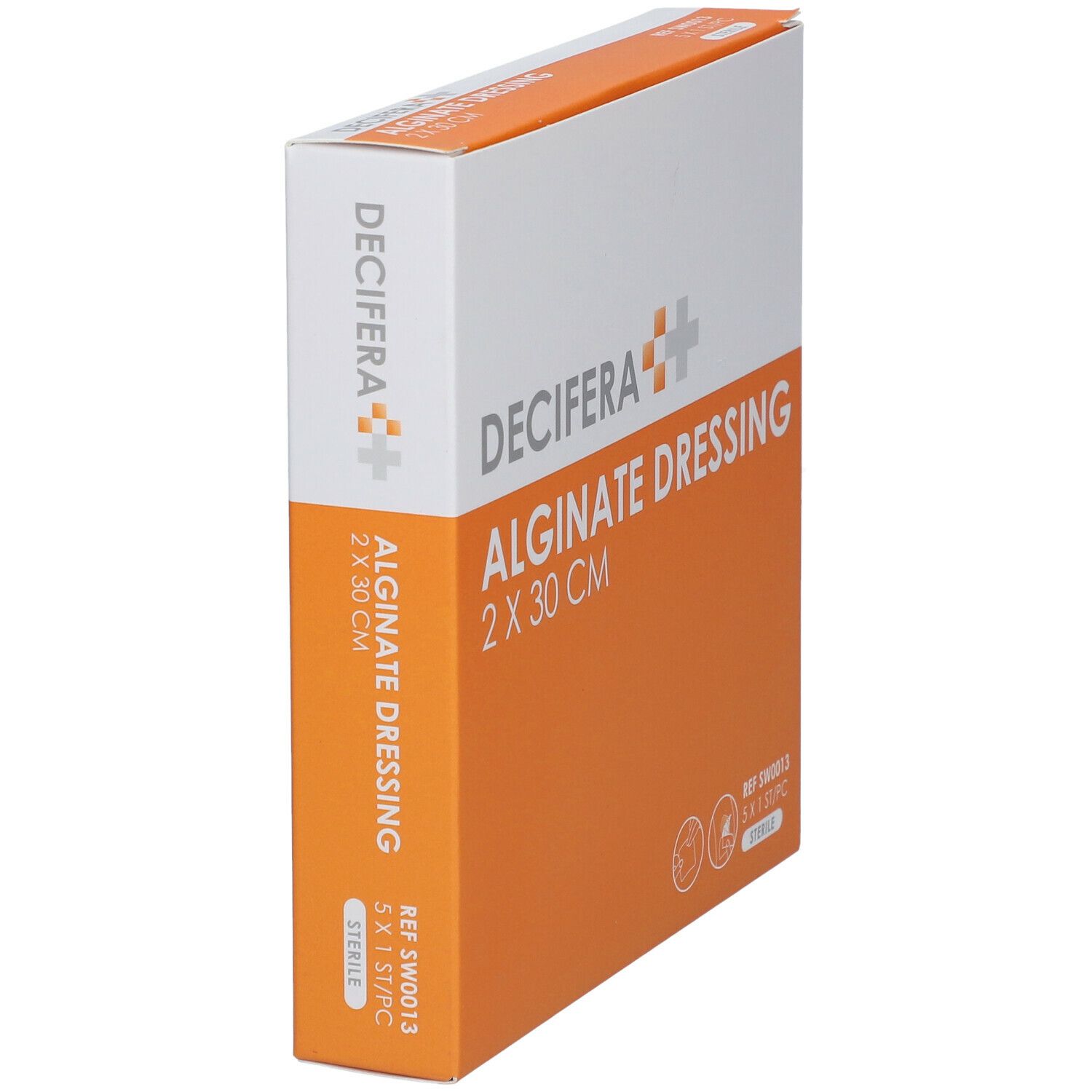 Emballage DECIFERA Alginate Dressing 2 x 30 cm. Orange et blanc. Stérile. REF SW0013.