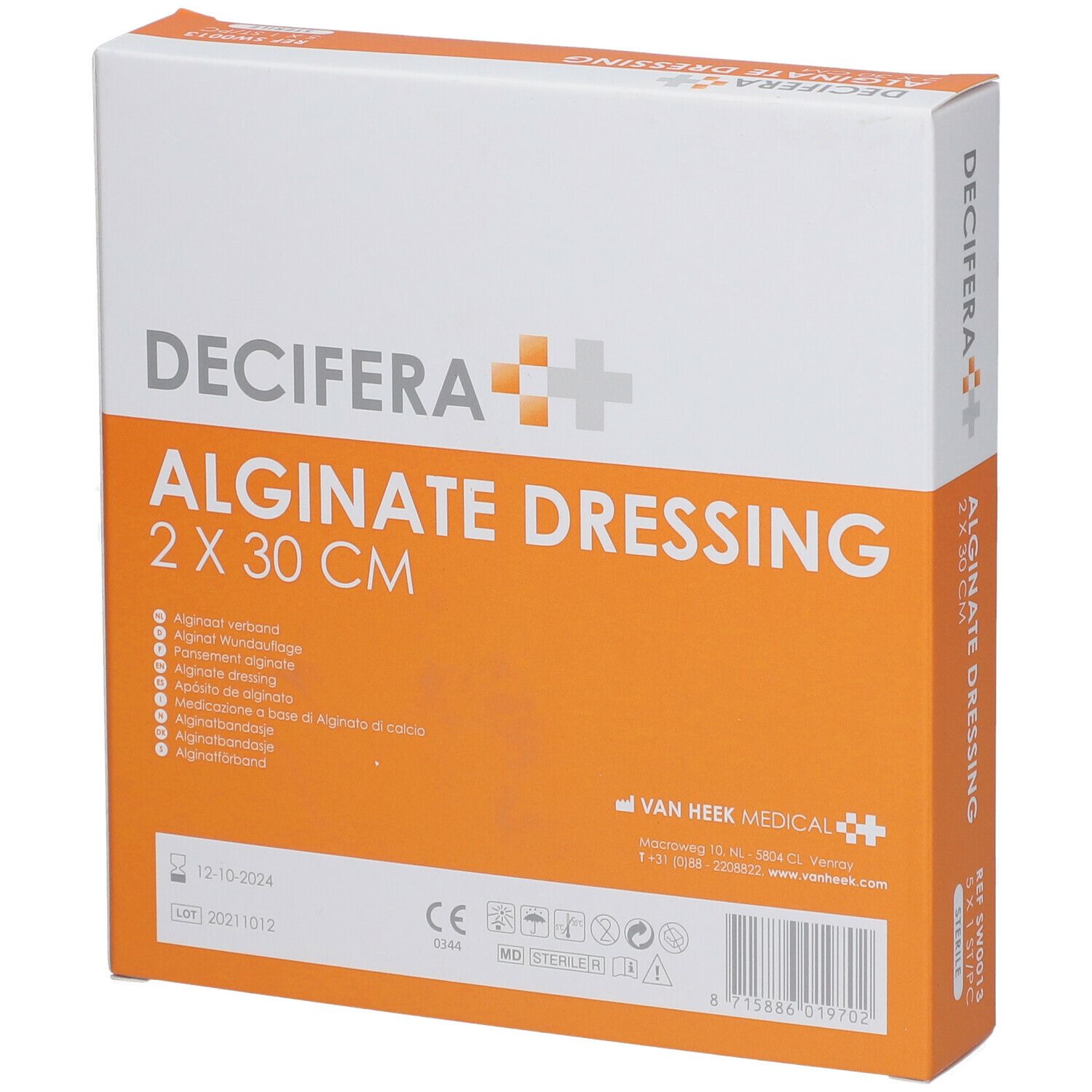 Emballage DECIFERA Alginate Dressing 2 x 30 cm. Orange et blanc. Marquage CE. Stérile.