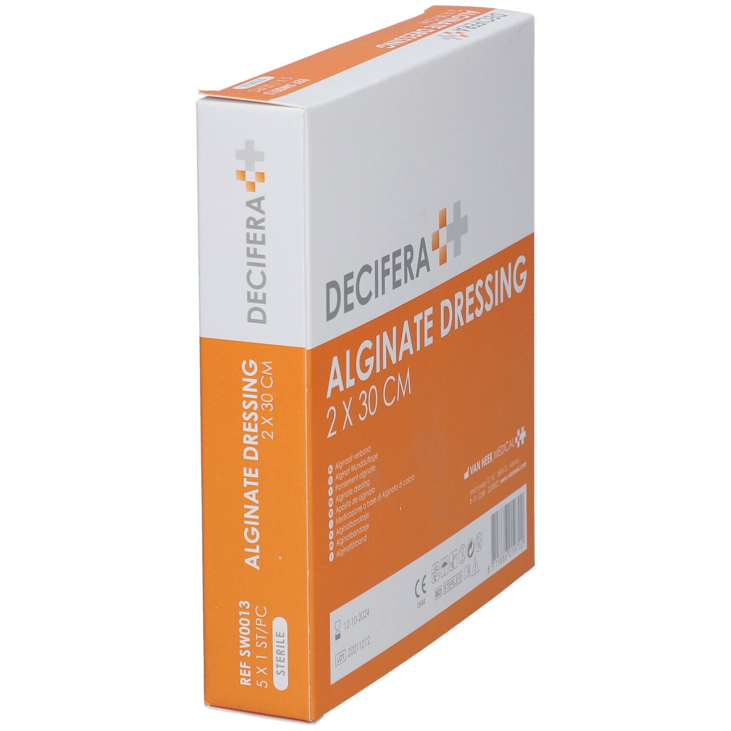 Emballage DECIFERA Alginate Dressing 2 x 30 cm. Orange et blanc. Stérile. REF SW0013.