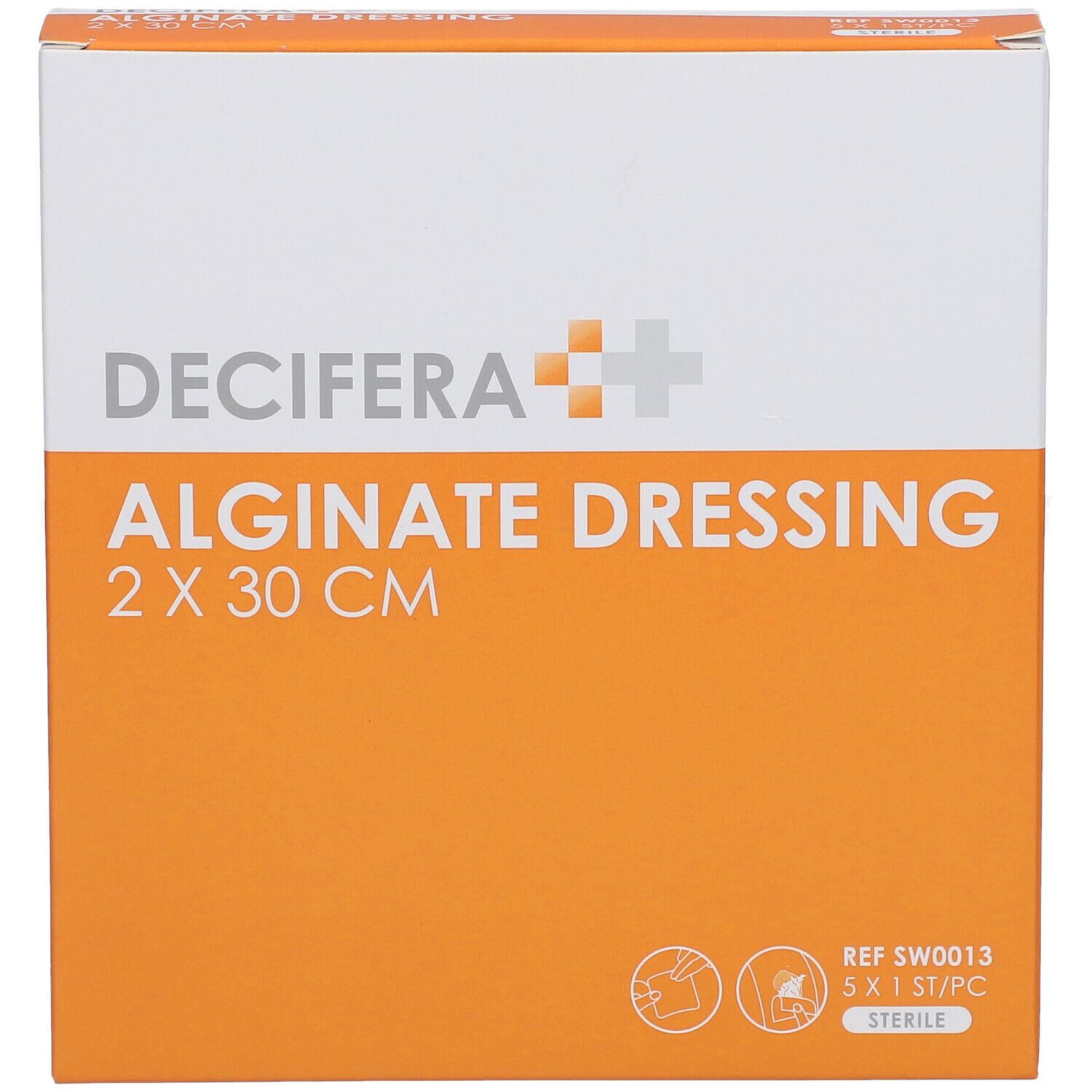 Emballage DECIFERA Alginate Dressing 2 x 30 cm. Orange et blanc. Stérile. REF SW0013.