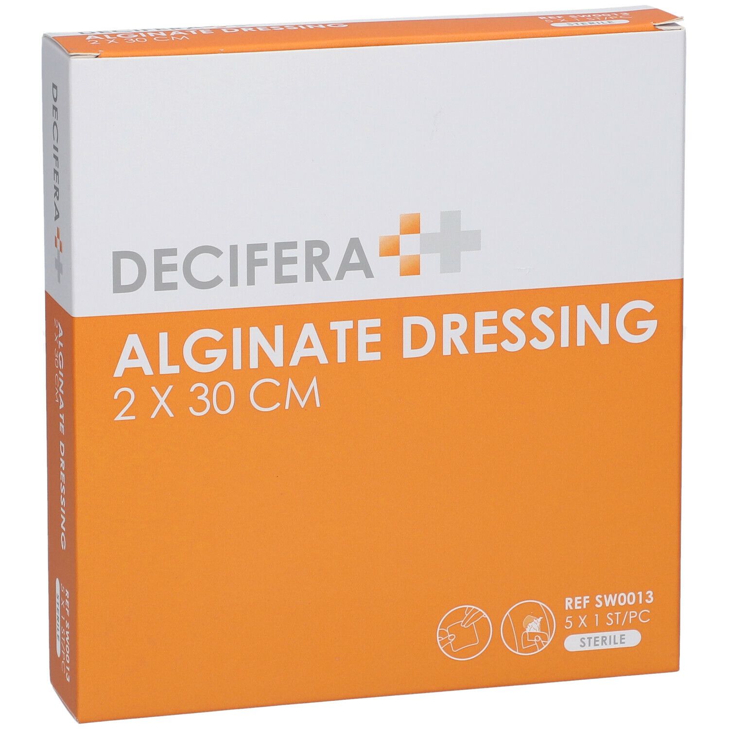 Emballage DECIFERA Alginate Dressing 2 x 30 cm. Orange et blanc. Stérile. REF SW0013.