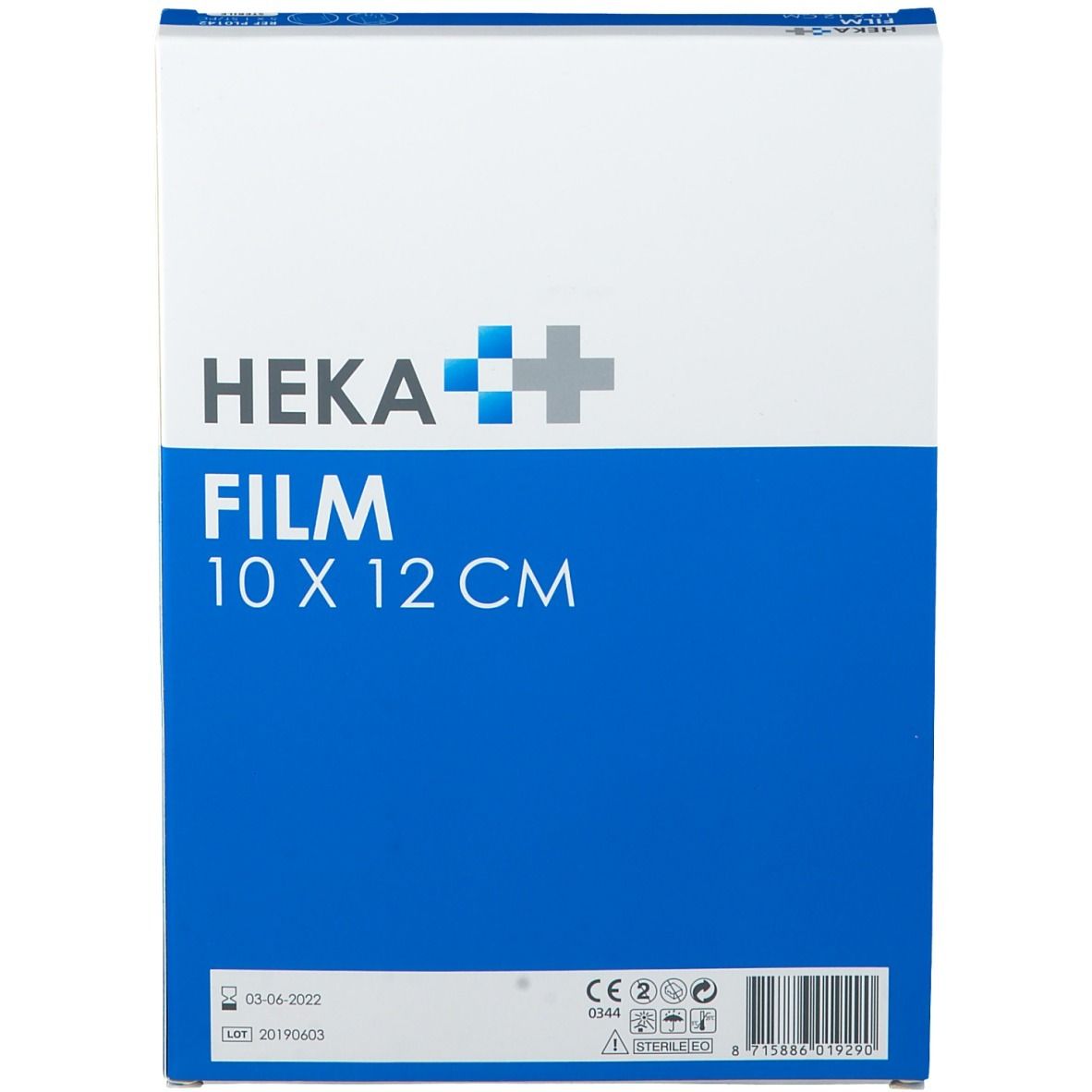 Verpakking HEKA-FILM. Blauwe en witte doos met productnaam en afmeting: 10 x 12 cm. Met CE-markering en barcode.