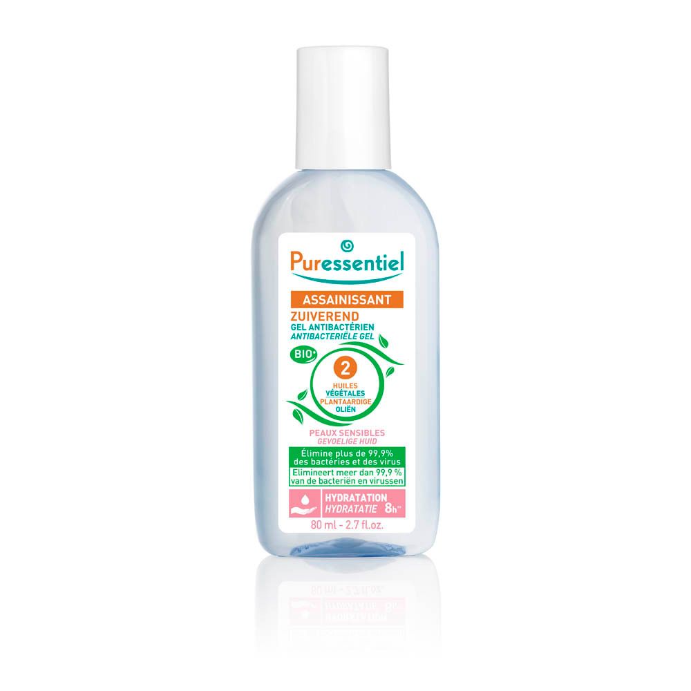 Helder gel in een transparante fles met witte dop. Etiket met productinformatie en logo.