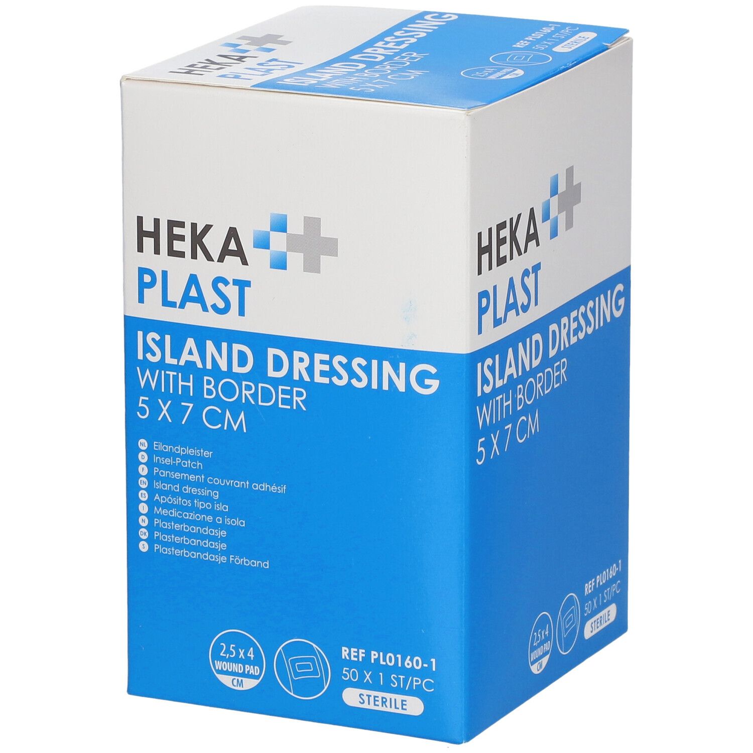 Boîte HEKA Plast Island Dressing avec bordure, 5 x 7 cm. Caractéristiques du produit en plusieurs langues.