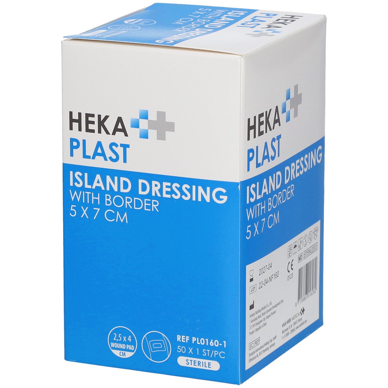 HEKA Plast Island Dressing avec bordure, 5 x 7 cm. Emballage avec numéro de lot, marquage CE et indication stérile.