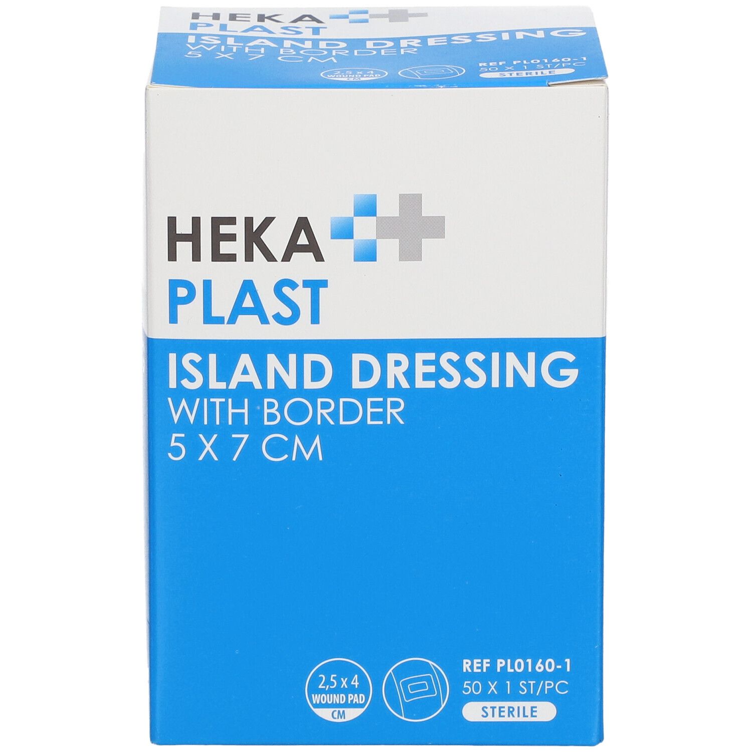HEKA Plast Island Dressing avec bordure, 5 x 7 cm. Emballage avec nom du produit, taille et logo.
