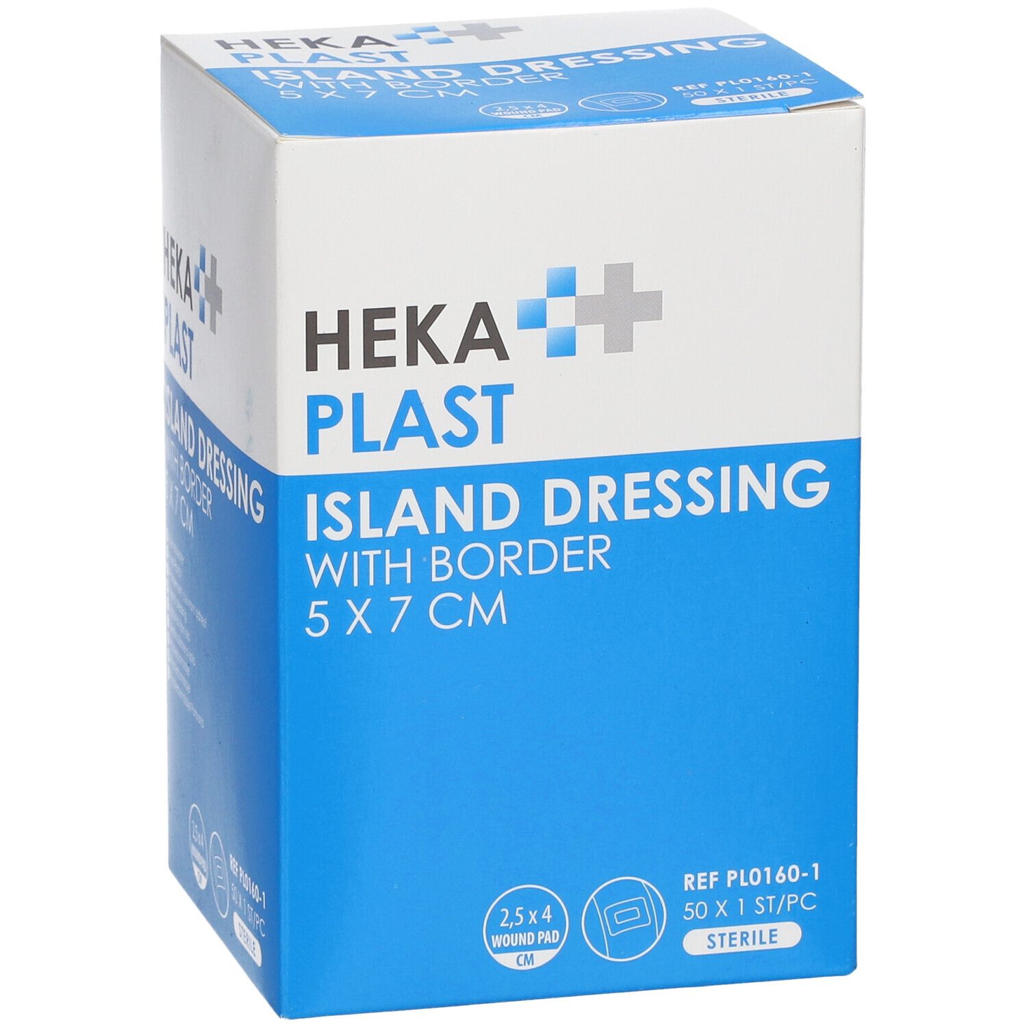 HEKA Plast Island Dressing avec bordure, 5 x 7 cm. Emballage avec nom du produit, taille et logo.