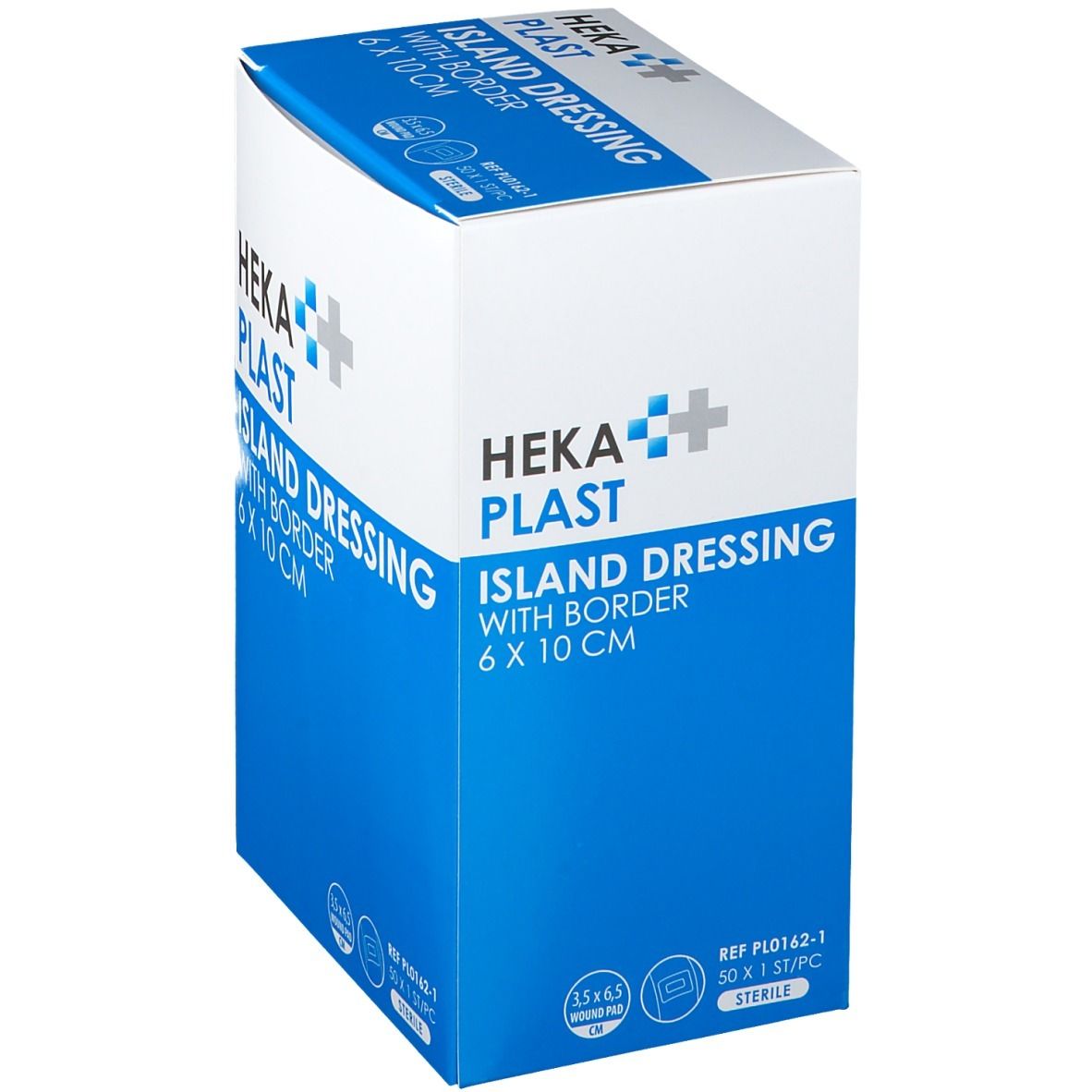 Emballage de HEKA PLAST Island Dressing avec bordure, 6 x 10 cm. Boîte bleue et blanche avec informations.