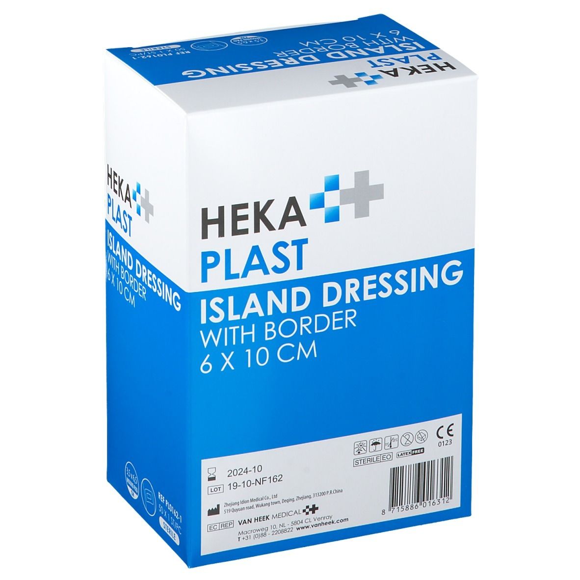 Emballage de HEKA PLAST Island Dressing avec bordure, 6 x 10 cm. Boîte bleue et blanche avec informations et marquage CE.