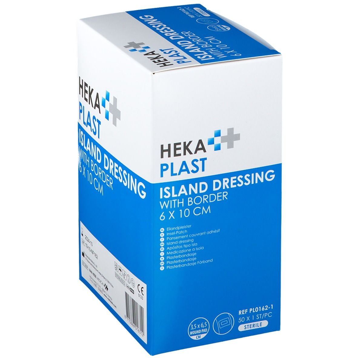 Emballage de HEKA PLAST Island Dressing avec bordure, 6 x 10 cm. Boîte bleue et blanche avec informations.