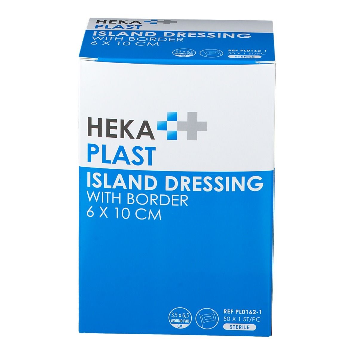Emballage de HEKA PLAST Island Dressing avec bordure, 6 x 10 cm. Boîte bleue et blanche avec informations.