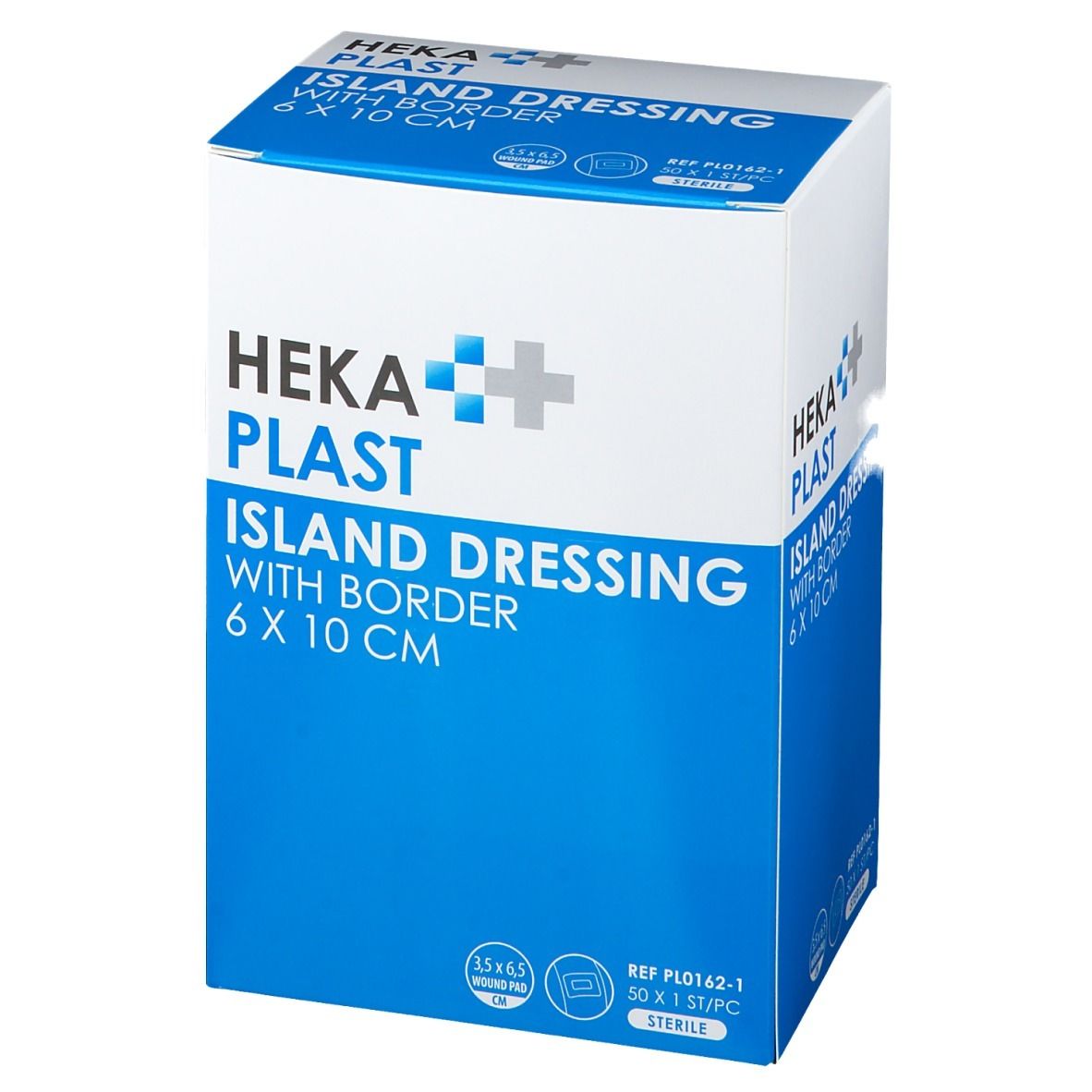 Emballage de HEKA PLAST Island Dressing avec bordure, 6 x 10 cm. Boîte bleue et blanche avec informations.
