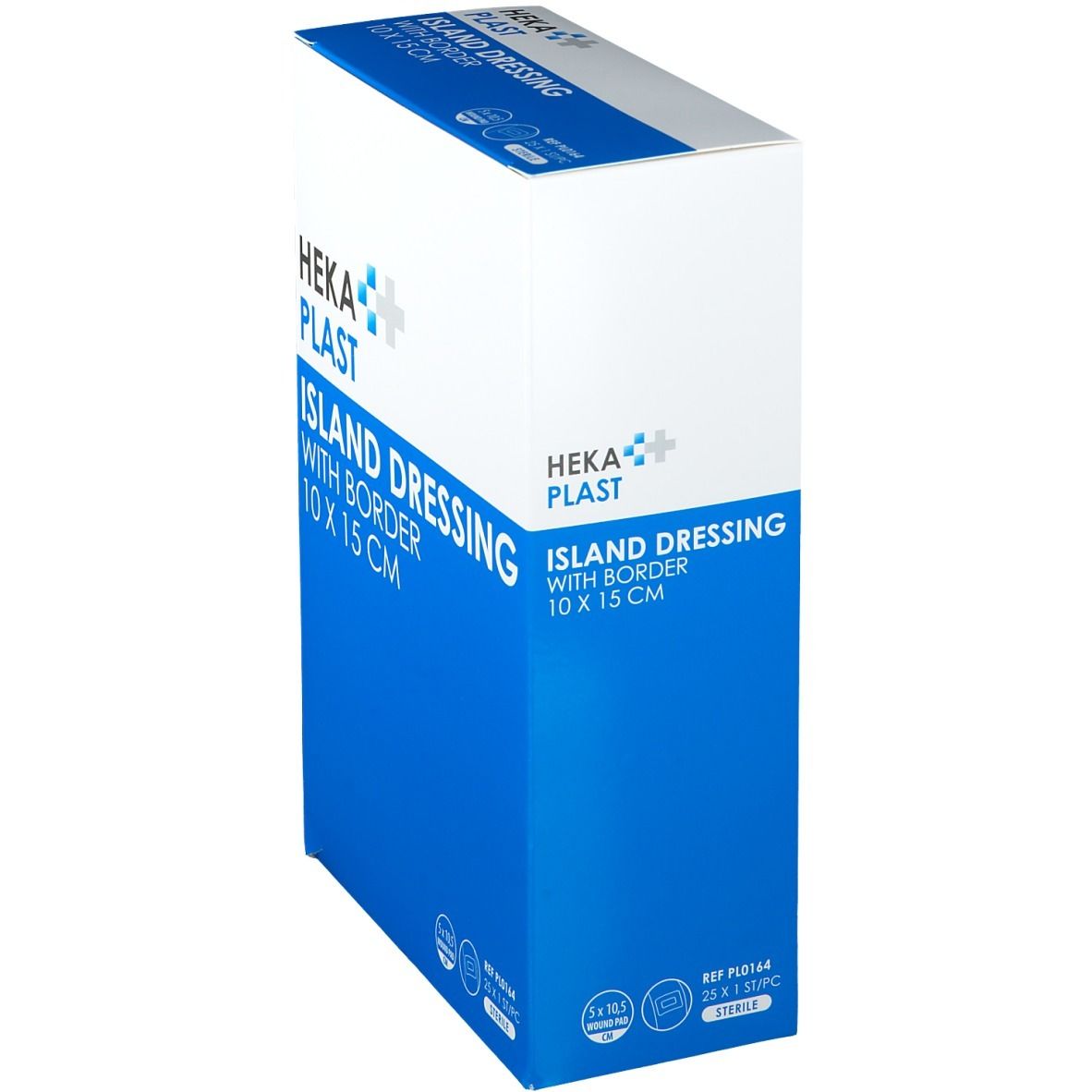 Emballage HEKA PLAST ISLAND DRESSING, bleu et blanc. Inscription: 10 X 15 CM. Vue en biais. Informations produit et logo.