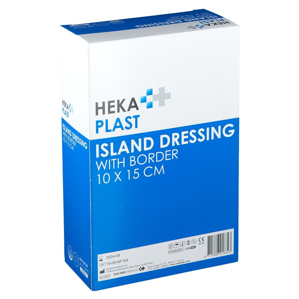 Emballage HEKA PLAST ISLAND DRESSING, bleu et blanc. Inscription: 10 X 15 CM. Informations produit, logos et certifications.