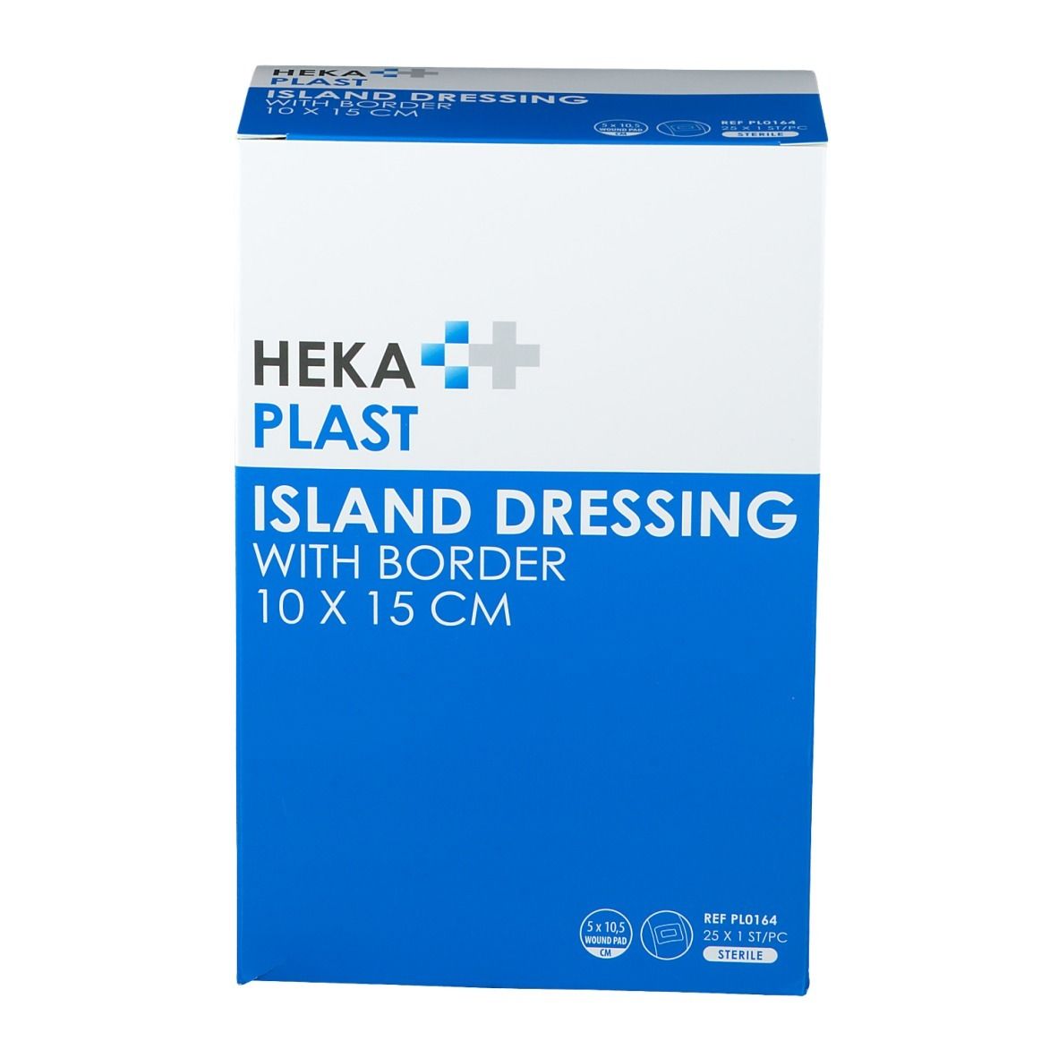Emballage HEKA PLAST ISLAND DRESSING, bleu et blanc. Inscription: 10 X 15 CM. Vue de face avec logo et nom du produit.