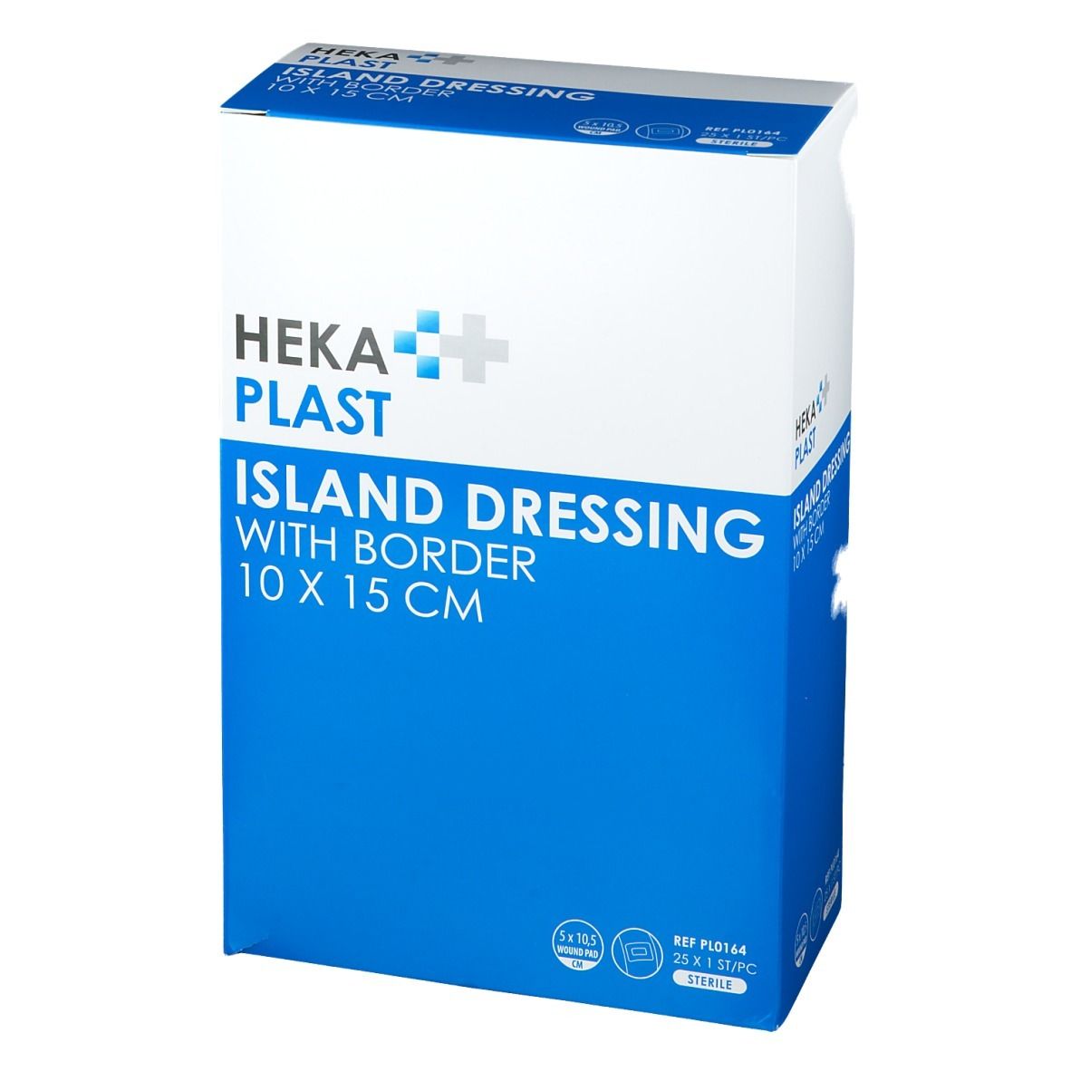 Emballage HEKA PLAST ISLAND DRESSING, bleu et blanc. Inscription: 10 X 15 CM. Vue en biais avec logo et nom du produit.
