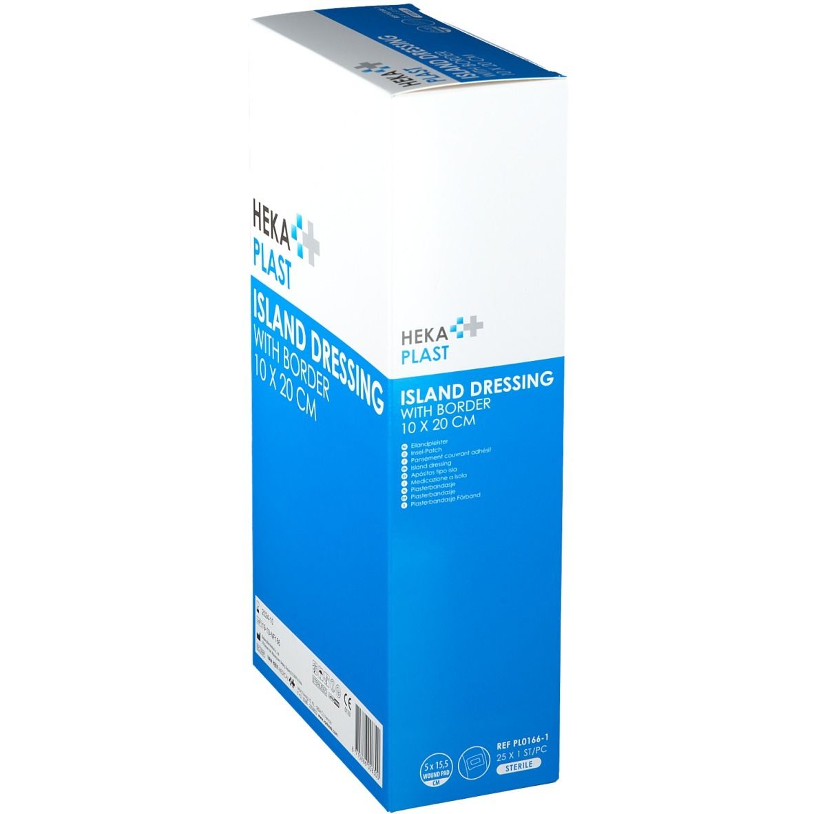 Heka Plast Island Dressing verpakking, 10 x 20 cm. Doos in wit en blauw, productnaam en afmetingen.