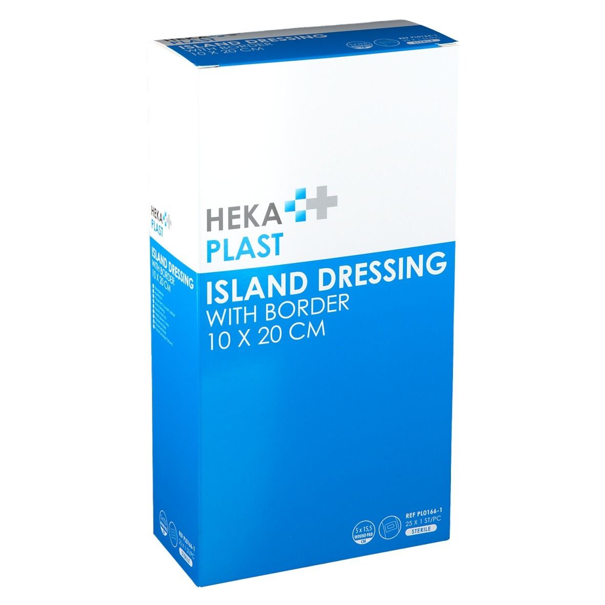Heka Plast Island Dressing verpakking, 10 x 20 cm. Witblauwe doos met productinformatie en logo.