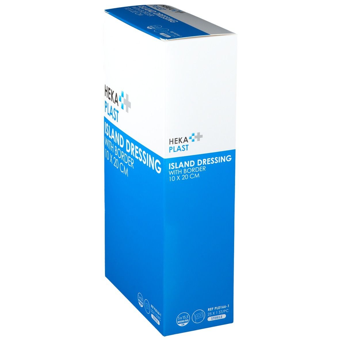 Heka Plast Island Dressing verpakking, 10 x 20 cm. Doos in wit en blauw, productnaam.