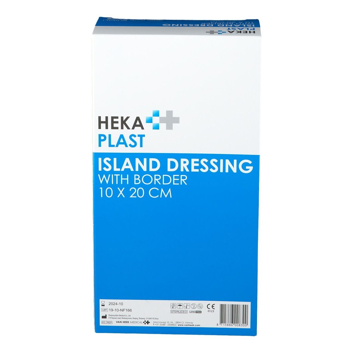 Heka Plast Island Dressing verpakking, 10 x 20 cm. Voorkant doos met productinformatie en logo.