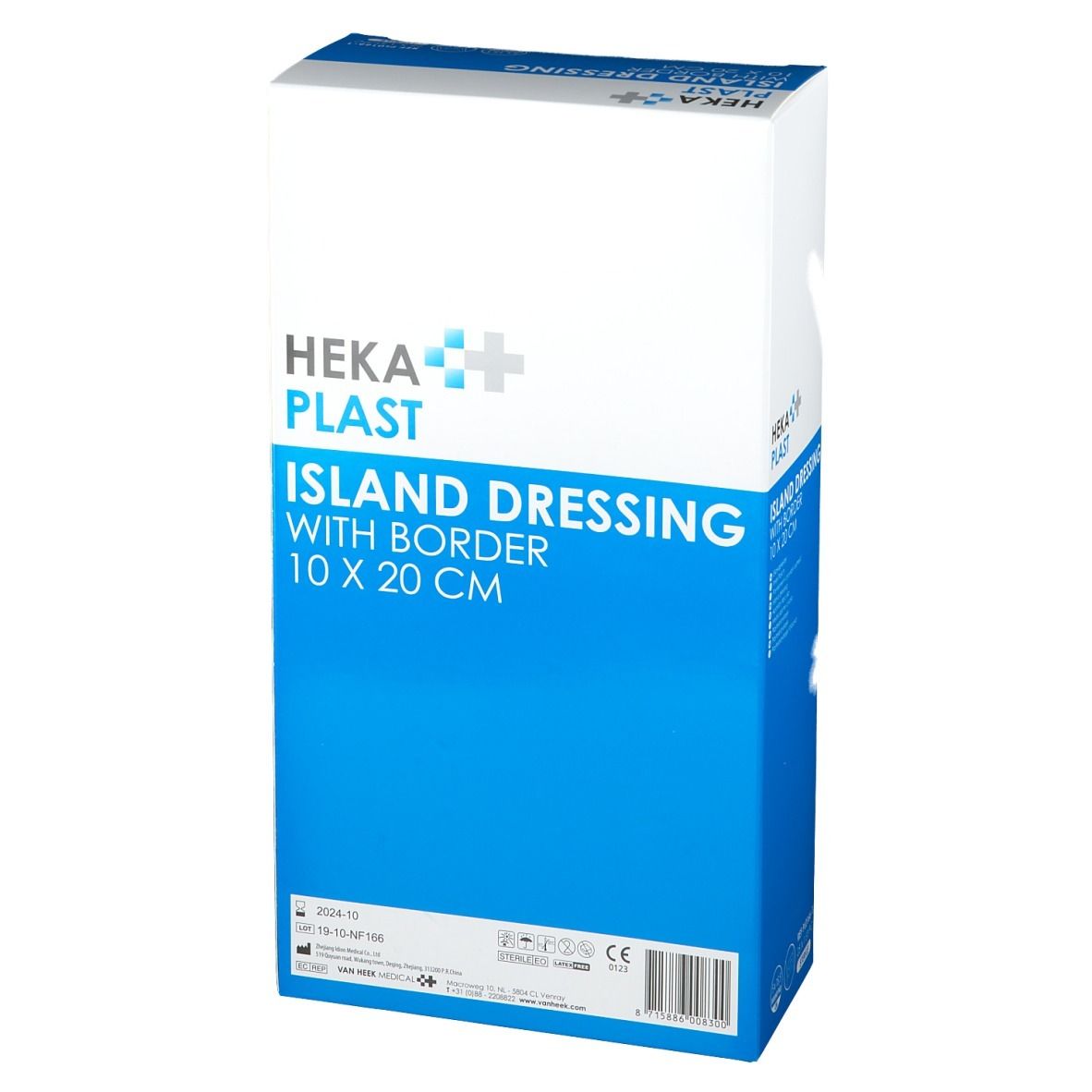 Heka Plast Island Dressing verpakking, 10 x 20 cm. Doos in wit en blauw, productnaam en logo.