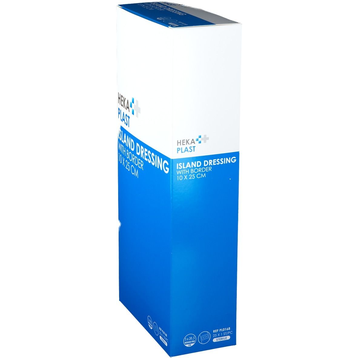 Verpakking van verband, blauw-wit. Opschrift: HEKA PLAST, ISLAND DRESSING WITH BORDER 10 X 25 CM. Perspectief.