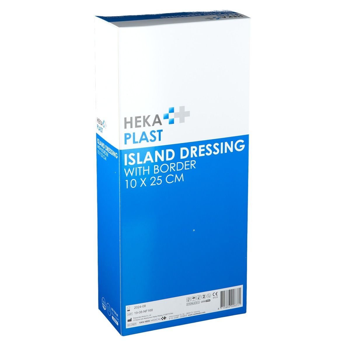 Verpakking van verband, blauw-wit. Opschrift: HEKA PLAST, ISLAND DRESSING WITH BORDER 10 X 25 CM. Detail met barcode.