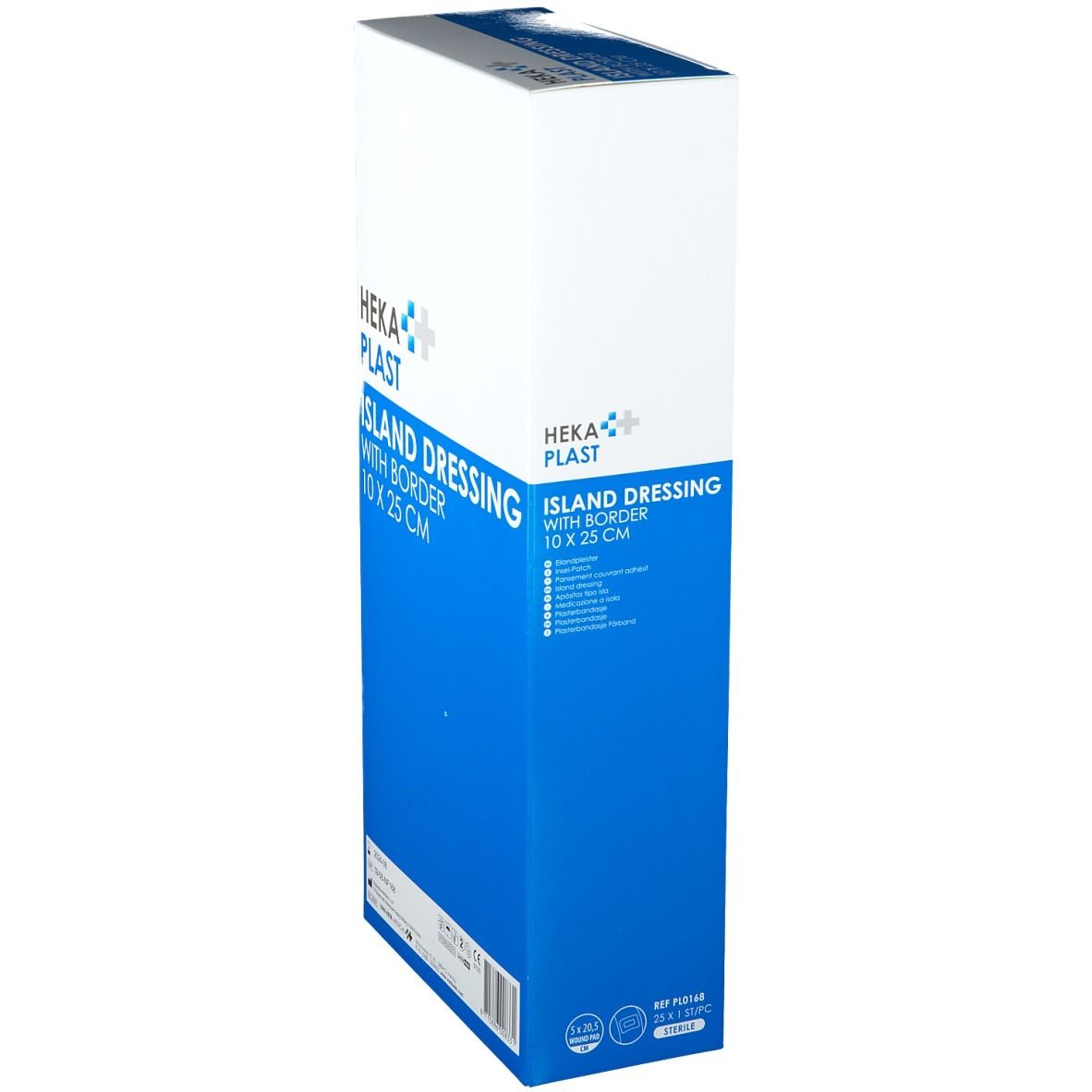 Verpakking van verband, blauw-wit. Opschrift: HEKA PLAST, ISLAND DRESSING WITH BORDER 10 X 25 CM. Detail met productinfo.