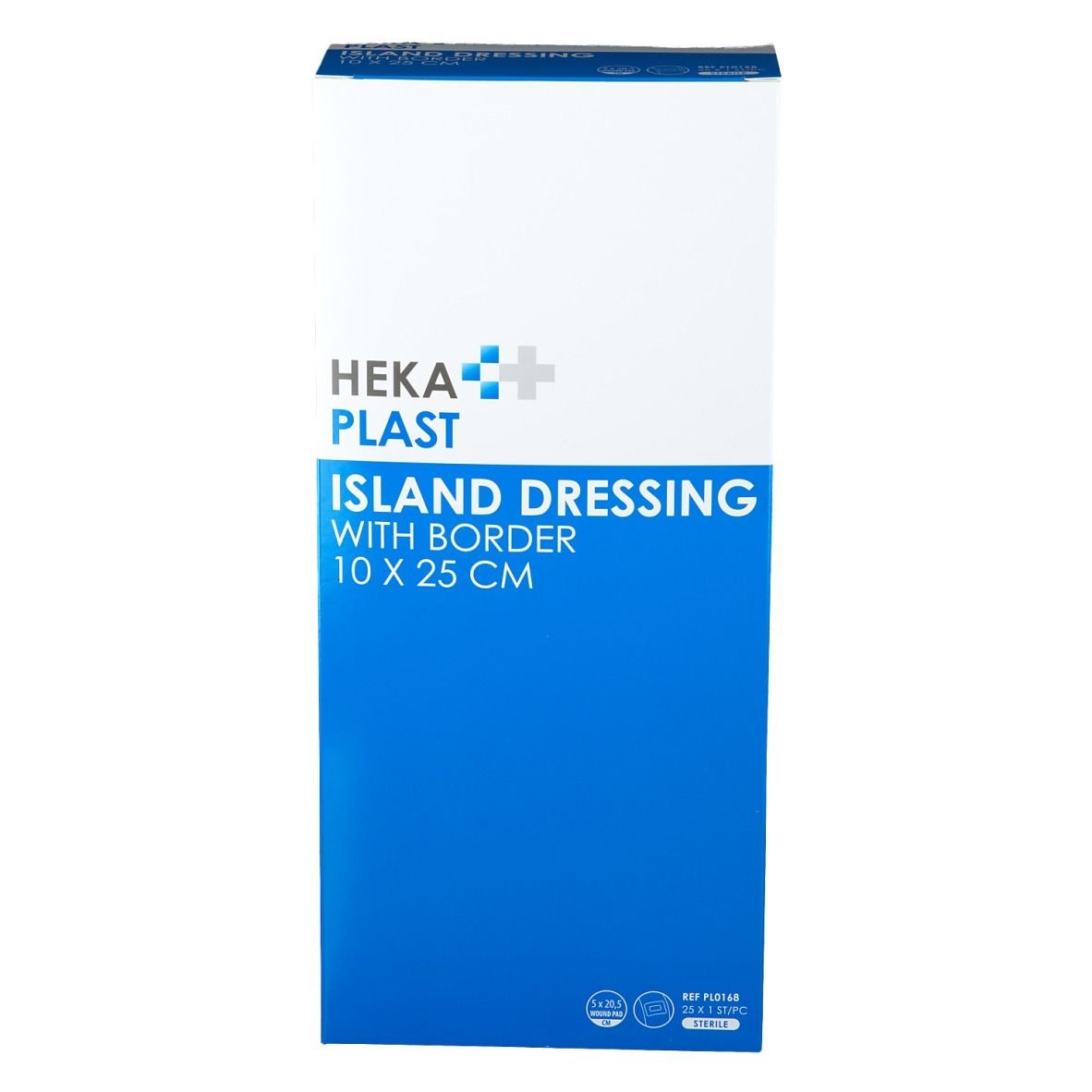 Verpakking van verband, blauw-wit. Opschrift: HEKA PLAST, ISLAND DRESSING WITH BORDER 10 X 25 CM. Vooraanzicht.