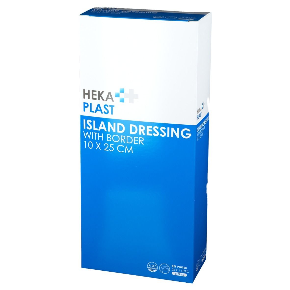 Verpakking van verband, blauw-wit. Opschrift: HEKA PLAST, ISLAND DRESSING WITH BORDER 10 X 25 CM. Close-up.